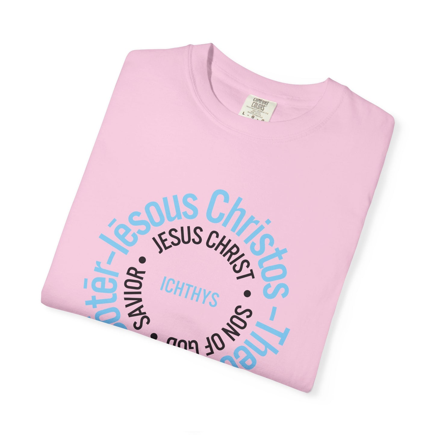 ICHTHYS 911 Blue & Black Font "Iēsous Christos, Theou Yios, Sōtēr" - Collection - Reverse Design - Unisex Garment Dyed - 100% US Cotton - Christian Graphic Tee - Gym - T - Christian Faith - Jesus Wear - Women T-Shirt - Men T-Shirt