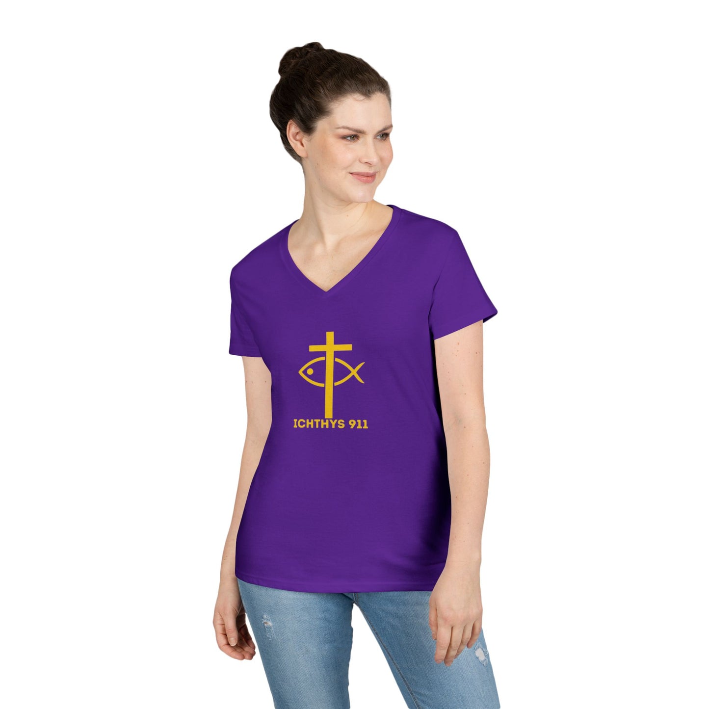 God Sees The Heart Gold Font Women’s Faith-Inspired V-Neck T-Shirt - ICHTHYS 911 Design911 Design