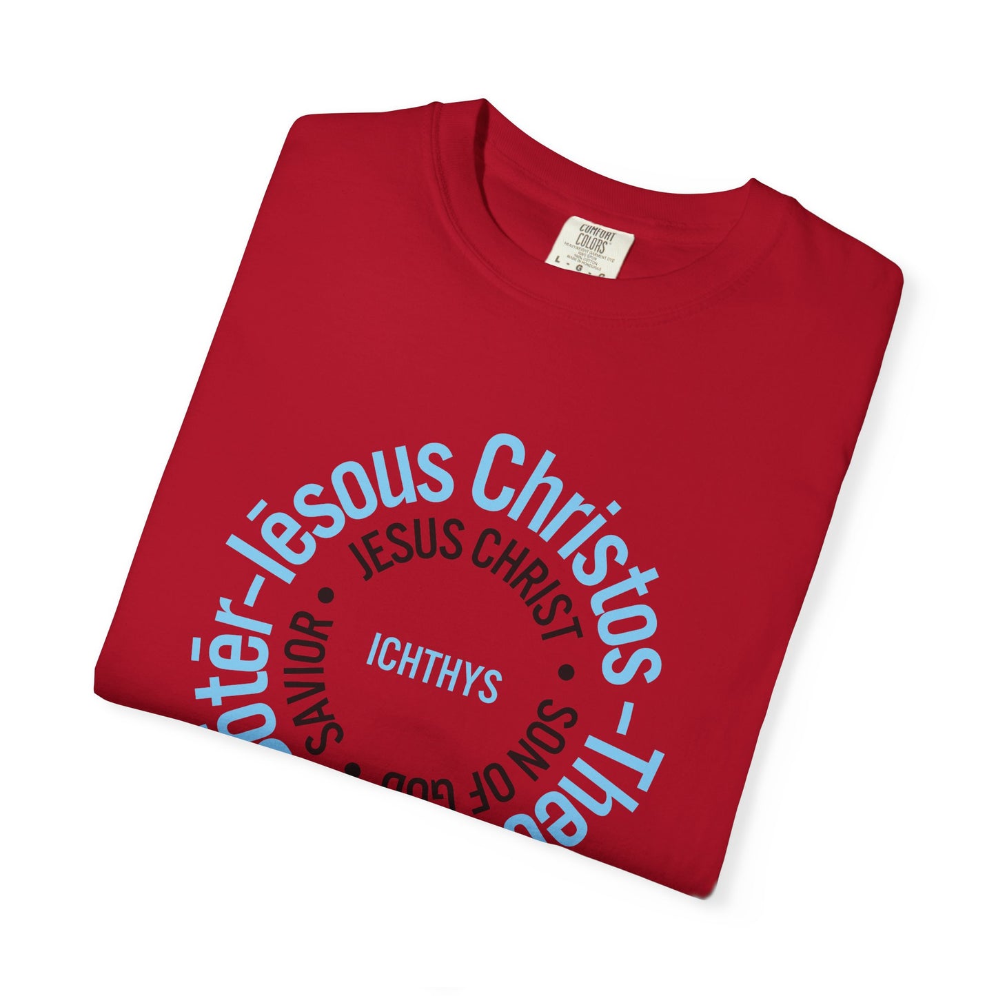 ICHTHYS 911 Blue & Black Font "Iēsous Christos, Theou Yios, Sōtēr" - Collection - Reverse Design - Unisex Garment Dyed - 100% US Cotton - Christian Graphic Tee - Gym - T - Christian Faith - Jesus Wear - Women T-Shirt - Men T-Shirt