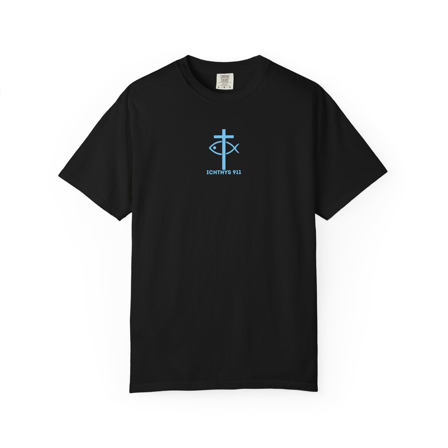 ICHTHYS 911 - "ICHTHYS Round" Blue Font  - Christian Streetwear T-Shirt  – Unisex Garment-Dyed T-Shirt - Men T-Shirt - Women T-Shirt - Jesus Gym & Faith Fashion,