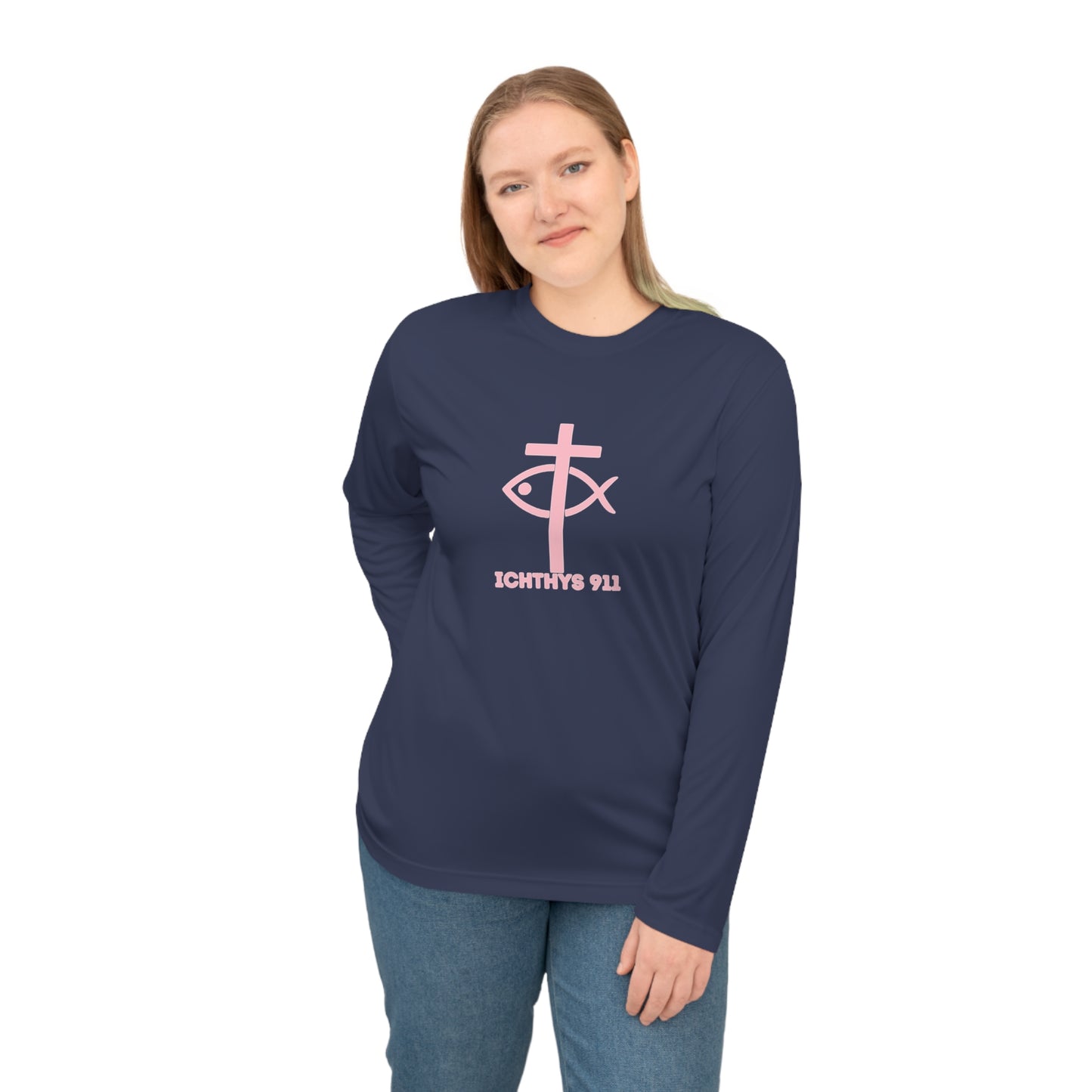 ICHTHYS 911 "Faith & Strength" - Unisex Performance Long Sleeve- Christian Activewear - Men - Women - 100% Moisture-Wicking Poly - UPF30+ Sun Protection
