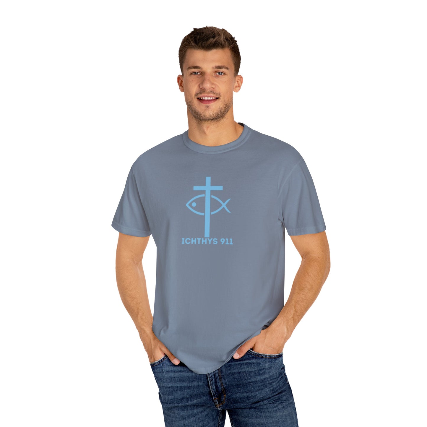 Iēsous Christos, Theou Yios, Sōtēr - Blue Font - Garment-Dyed Unisex T-Shirt - 100# US Cotton -Men T-Shirt - Women T-Shirt - Faith Inspired - Unisex Garment - ICHTHYS 911 - Blue Font - Heavy Duty Shirt