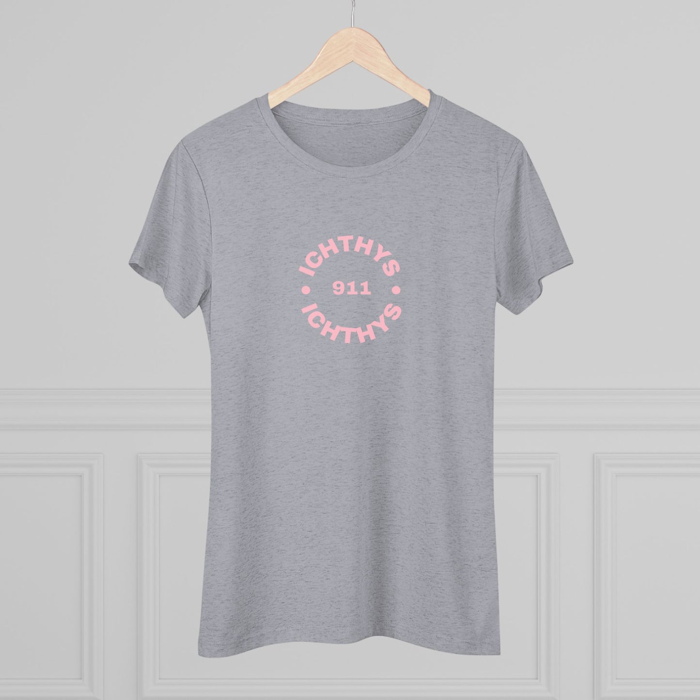 ICHTHYS 911 "IC Round Collection" Pink Font - Reverse Design - Inspirational Women's Triblend Tee - Women T-Shirt - 50% polyester, 25% cotton, 25% ryaon