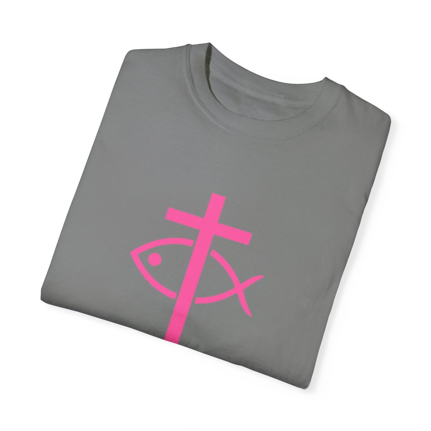 ICHTHYS 911 - Authentic - W/O IC 911 on Back Christian Streetwear T-Shirt – Jesus Gym & Faith Fashion, Unisex Garment-Dyed T-Shirt Hot Pink Font
