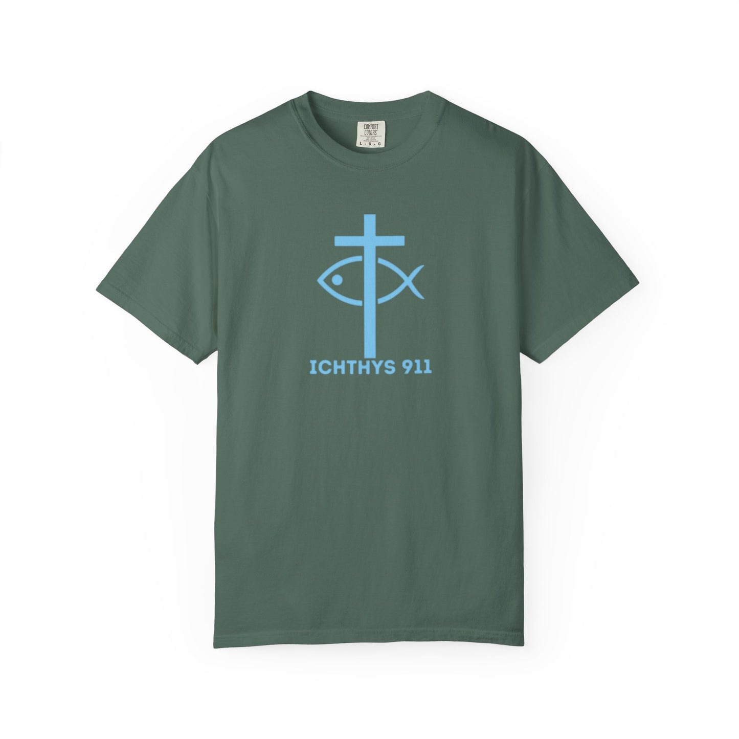 Iēsous Christos, Theou Yios, Sōtēr - Blue Font - Garment-Dyed Unisex T-Shirt - Men T-Shirt - Women T-Shirt - Christian Symbol - Greek - Faith Inspired -Christian Streetwear – Jesus Gym & Faith Fashion, Unisex Garment -ICHTHYS 911 - Additional Colors