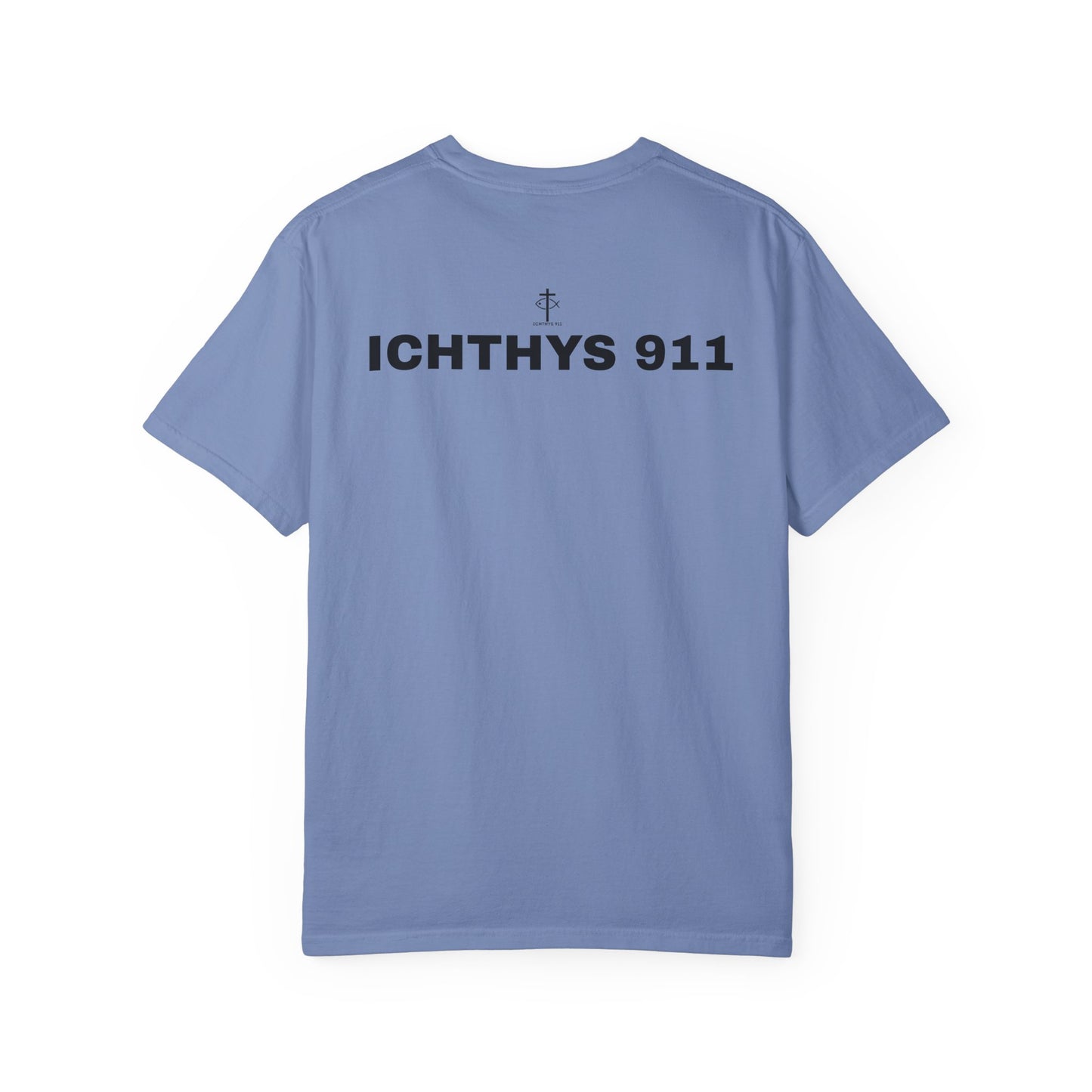 ICHTHYS 911 - Authentic - Christian Streetwear T-Shirt – Jesus Gym & Faith Fashion - Men T-Shirt - Women T-Shirt -Unisex Garment-Dyed T-Shirt Black Font