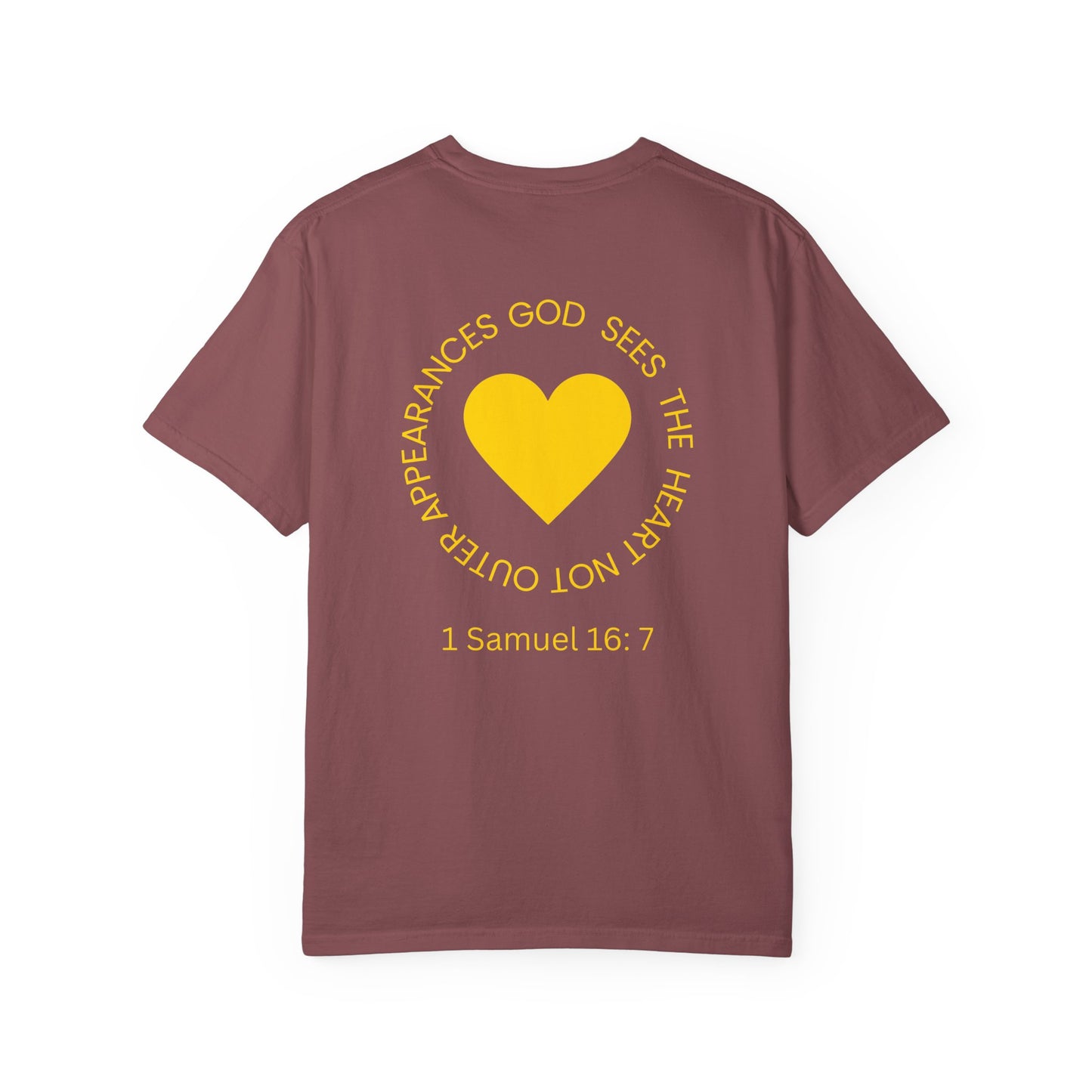 ICHTHYS 911 - "God Sees the Heart" Reverse' Gold Font - Unisex Garment - Dyed T-Shirt - 100% US Cotton - Men T-Shirt - Women T-Shirt - Inspirational Graphic T-Shirt for Everyday Motivation