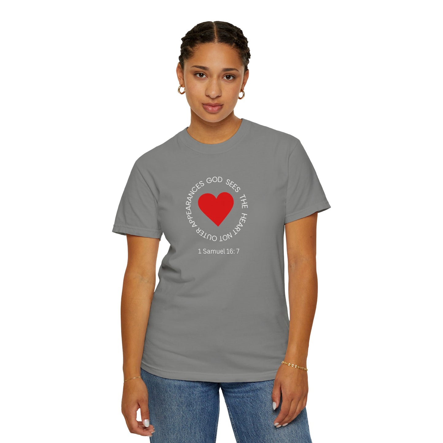 ICHTHYS 911 - "God Sees the Heart" Reverse Design - White Font - Unisex Garment - Dyed T-Shirt - 100% US Cotton - Men T-Shirt - Women T-Shirt - Inspirational Graphic T-Shirt for Everyday Motivation