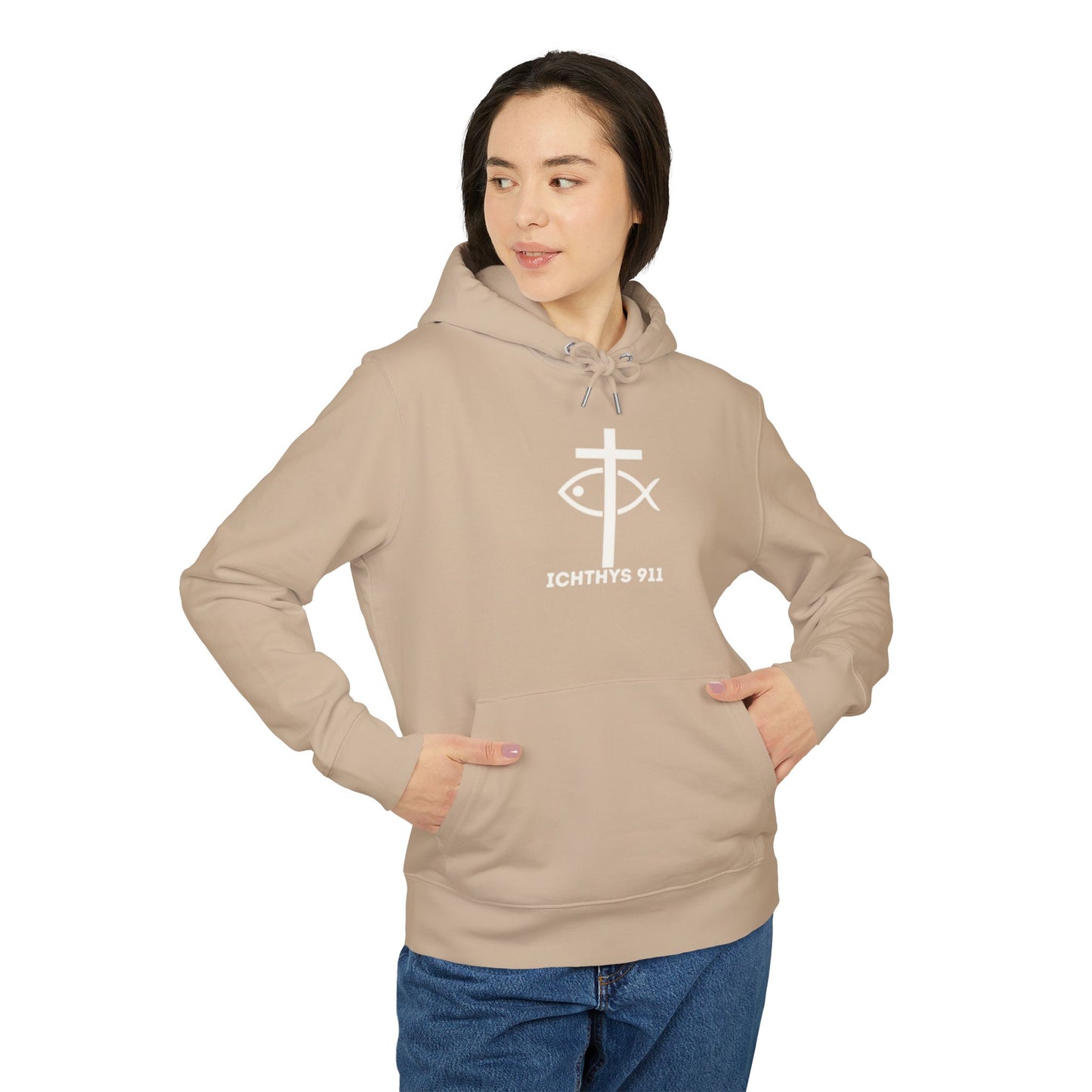 ICHTHYS 911 Hoodie – Unisex Pullover -White Font - Black Font on White - Heavy Fabric - ICHTHYS 911 Logo on Front & Back - 100% Organic