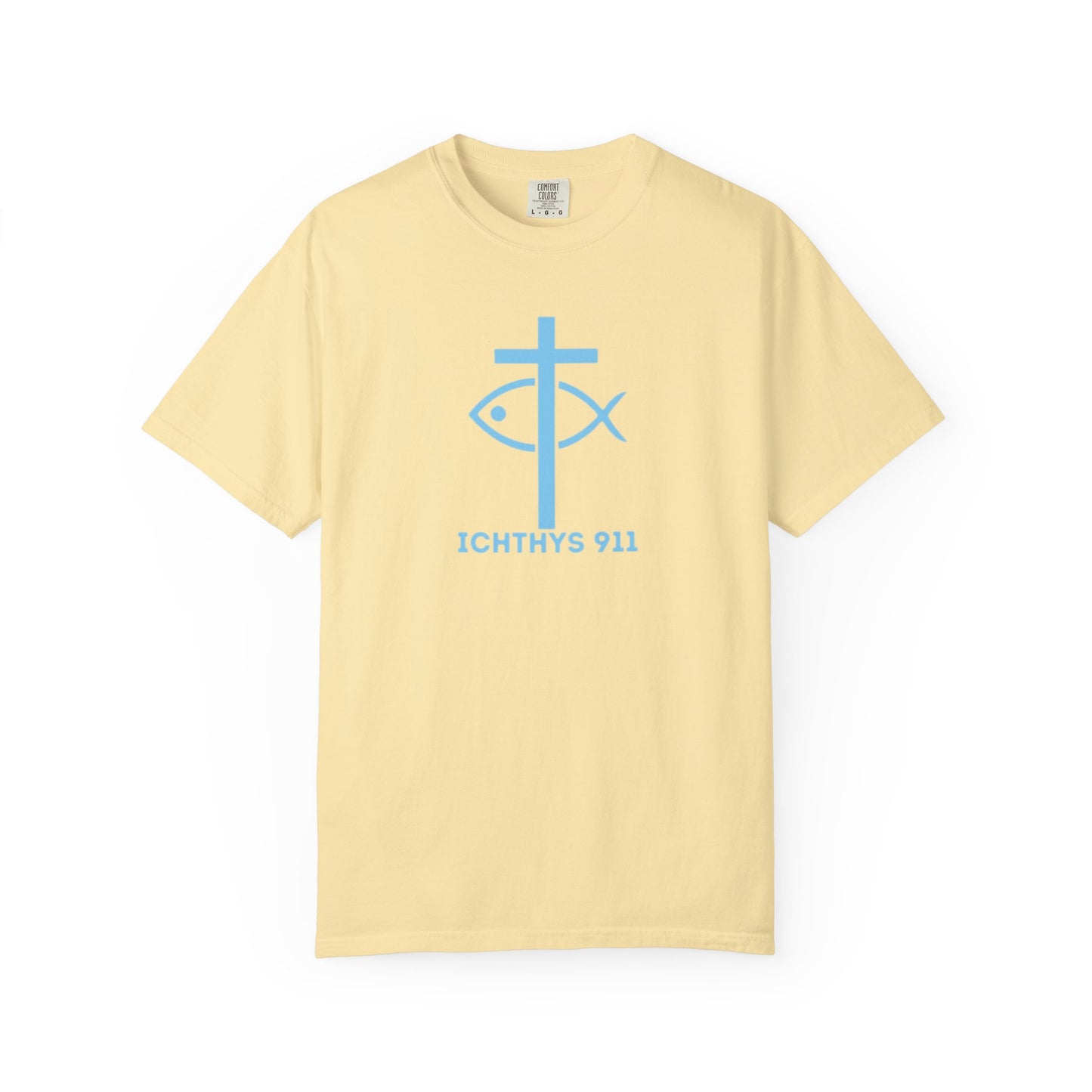 Iēsous Christos, Theou Yios, Sōtēr - Blue Font - Garment-Dyed Unisex T-Shirt - Men T-Shirt - Women T-Shirt - Christian Symbol - Greek - Faith Inspired -Christian Streetwear – Jesus Gym & Faith Fashion, Unisex Garment -ICHTHYS 911 - Additional Colors