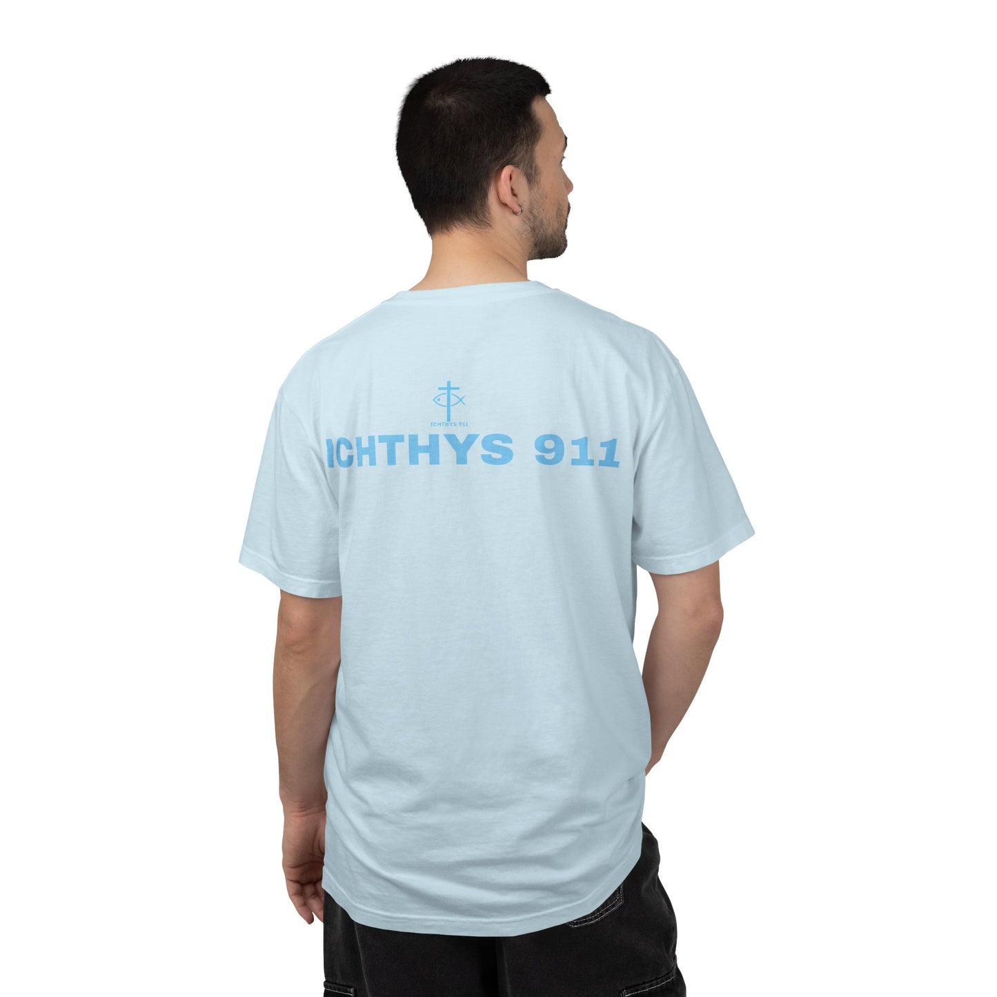 Authentic - Christian Streetwear T-Shirt – Jesus Gym & Faith Fashion, Unisex Garment-Dyed T-Shirt Blue Font - ICHTHYS 911