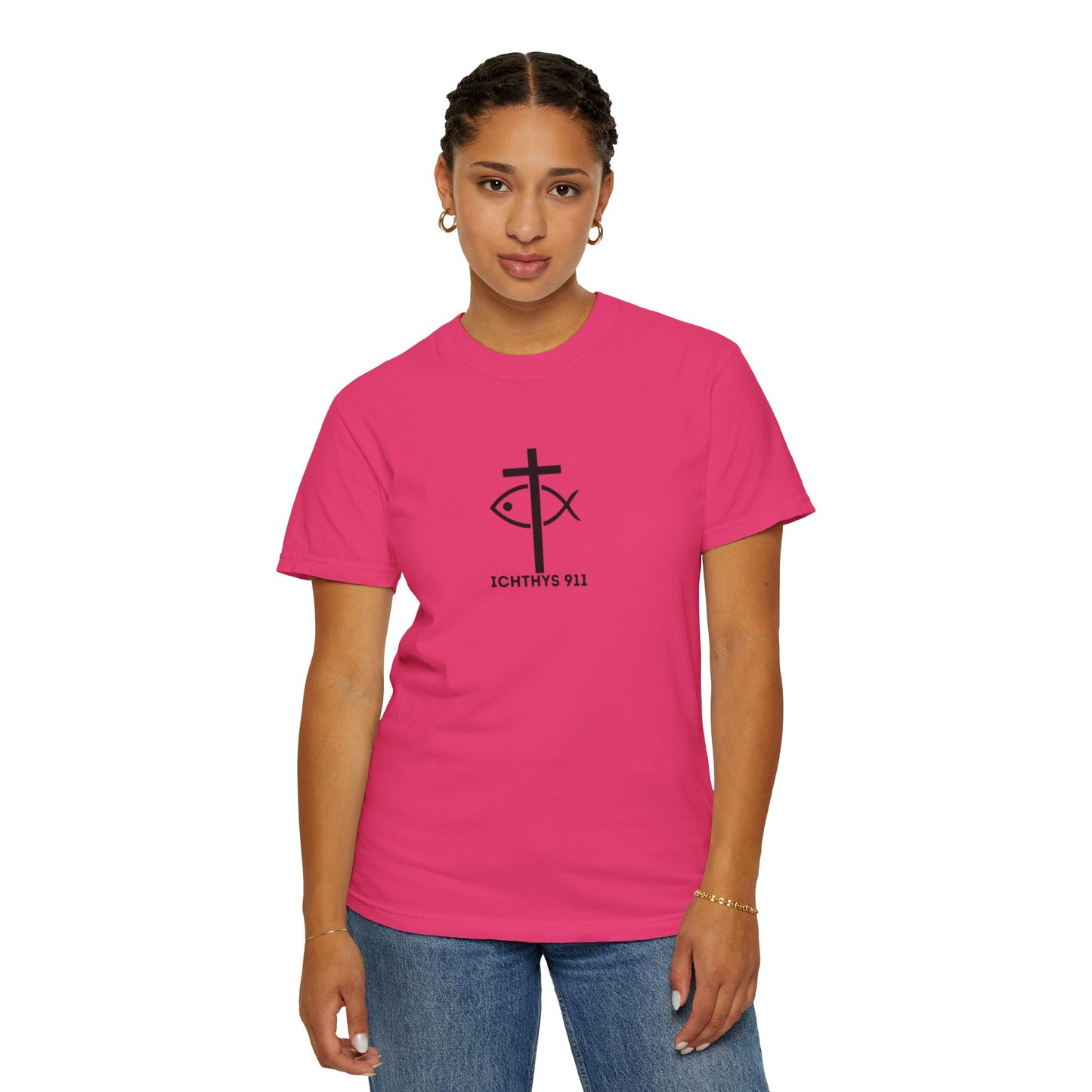 ICHTHYS 911 - Black Font "Faith & Strength" - Unisex Garment Dyed T- Shirt - 100% US Cotton - Men T-Shirt - Women T-Shirt - Inspirational Graphic T-Shirt for Everyday Motivation - Women T-Shirt - Soft T