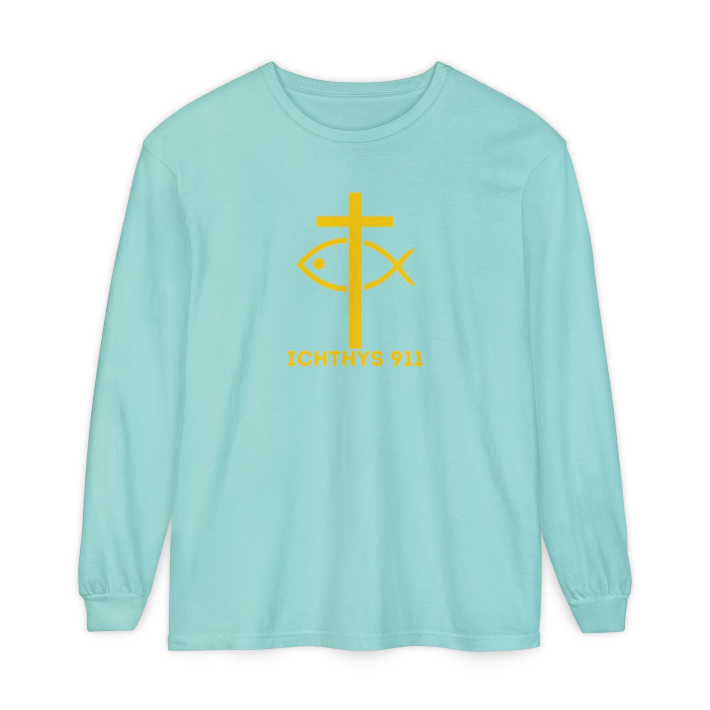 Authentic ICHTHYS 911 Collection -  Gold Font - Unisex Garment Dyed Long Sleeve T-Shirt - Men Long Sleeve - Women Long Sleeve - Christian Faith Symbol Tee - Faith Inspired