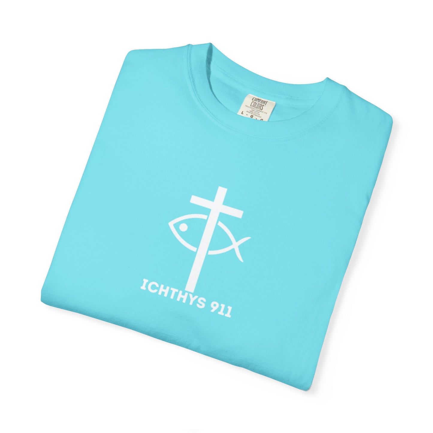 ICHTHYS 911 -  "God Sees the Heart" - White Font - Unisex Garment - Dyed T-Shirt - Inspirational Graphic T-Shirt for Everyday Motivation - 100% US cotton
