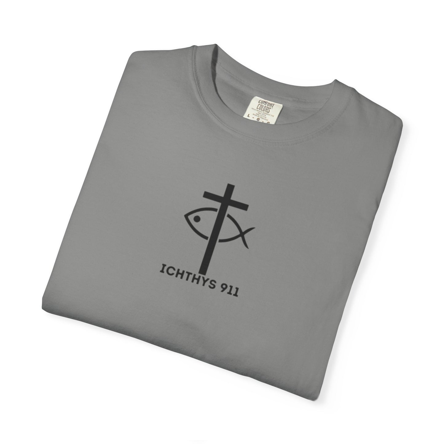 ICHTHYS 911 Black Font - "Run With Endurance Hebrews 12:1" - Unisex Garment Dyed T-Shirt -100% US Cotton - Men T-Shirt - Women T-Shirt - Bible Verse - Christian Faith - Christian Workout