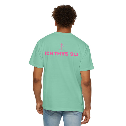 "Authentic Design" - Pink Font - Unisex - Men T-Shirt - Women T-Shirt - Christian Streetwear T-Shirt – Jesus Gym & Faith Fashion, Unisex Garment-Dyed T-Shirt - ICHTHYS 911