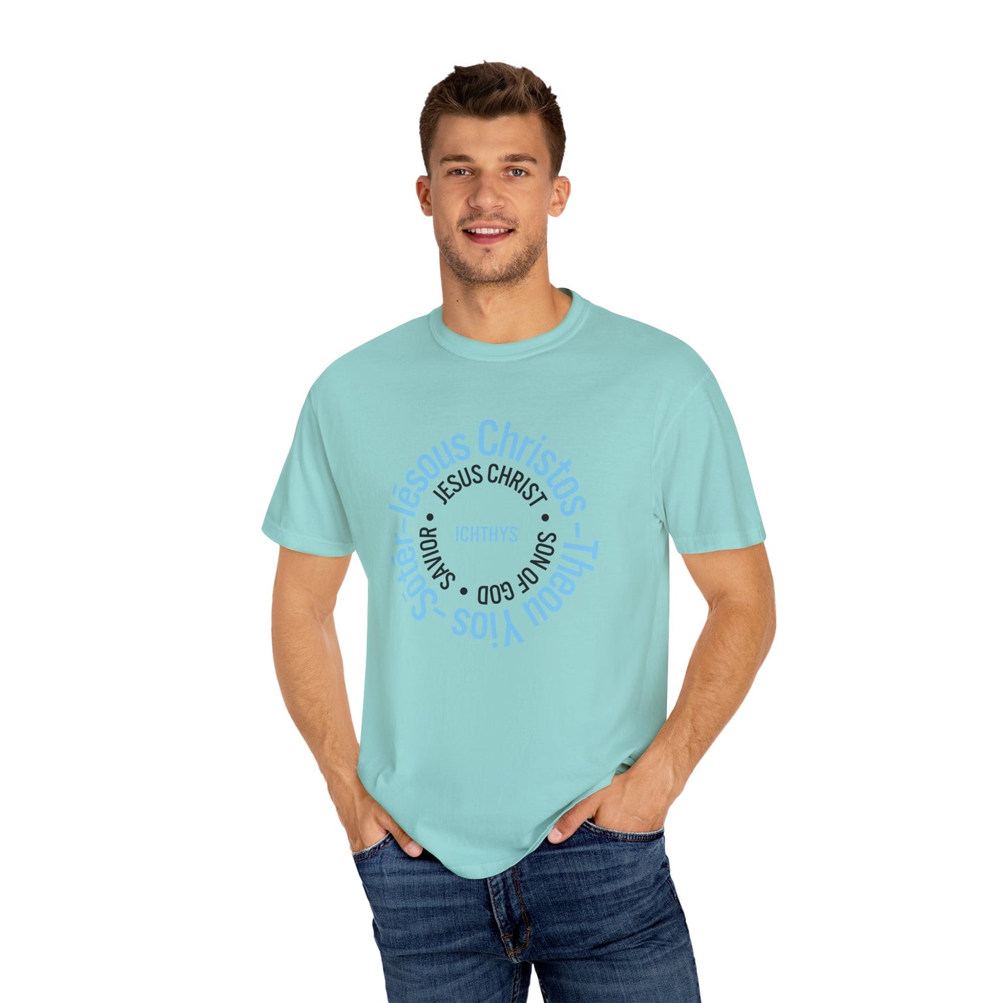 ICHTHYS 911 Blue & Black Font "Iēsous Christos, Theou Yios, Sōtēr" - Collection - Reverse Design - Unisex Garment Dyed - 100% US Cotton - Christian Graphic Tee - Gym - T - Christian Faith - Jesus Wear - Women T-Shirt - Men T-Shirt
