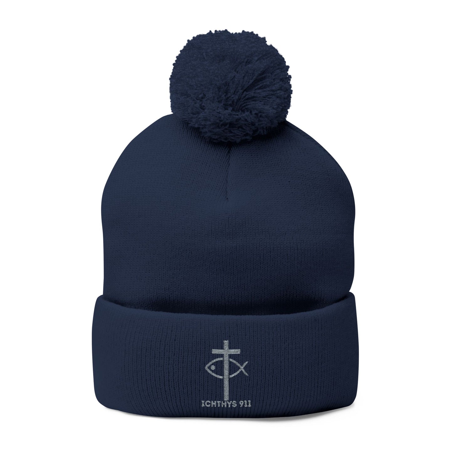 Cozy Pom-Pom Knit Cap | Winter Accessory with Embroidery - Christian Faith Wear - ICHTHYS 911 Design