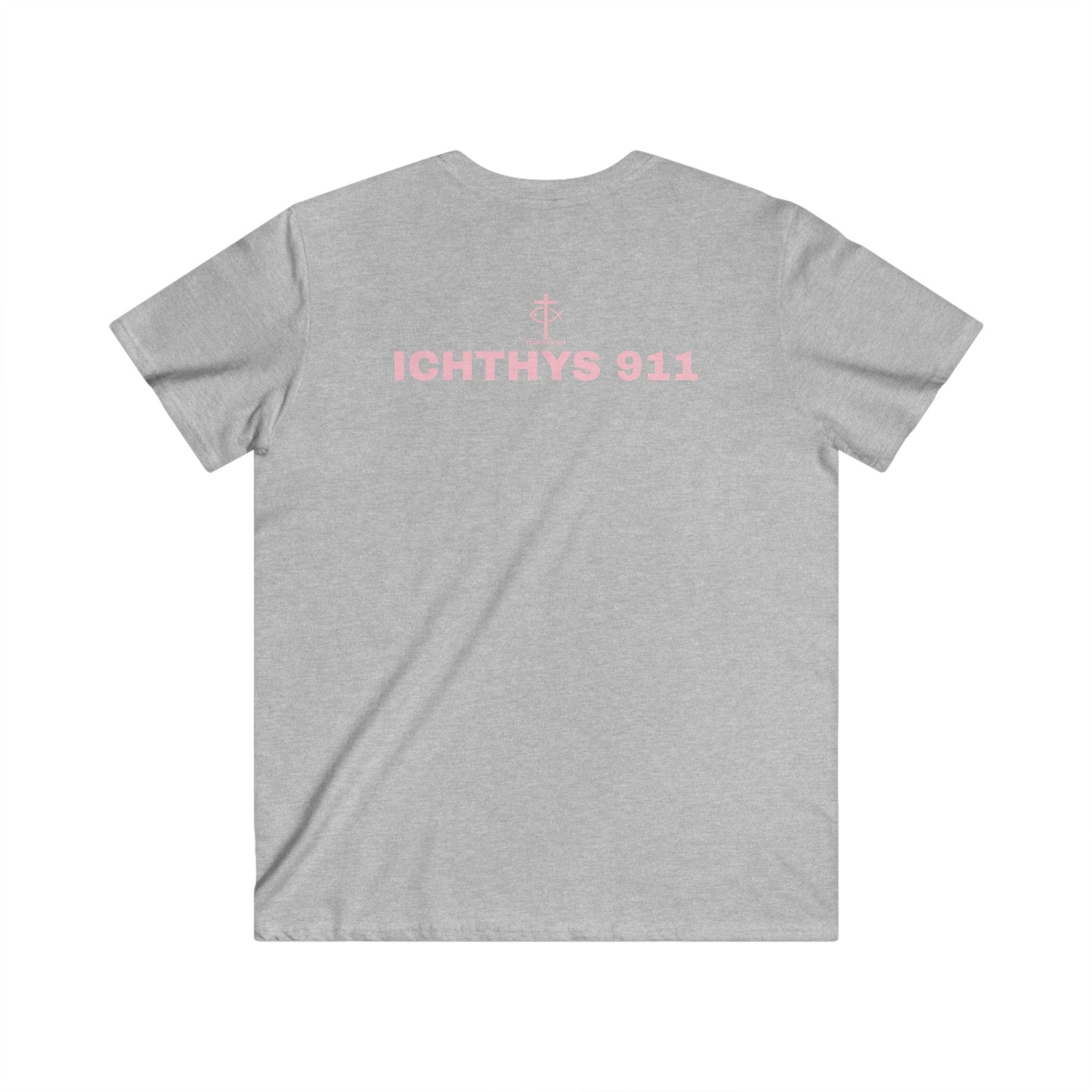 Authentic Collection - Men's Fitted V-Neck Short Sleeve T - Shirt - Faith-Inspired - Christian Faith - Light Pink Font - ICHTHYS 911 -