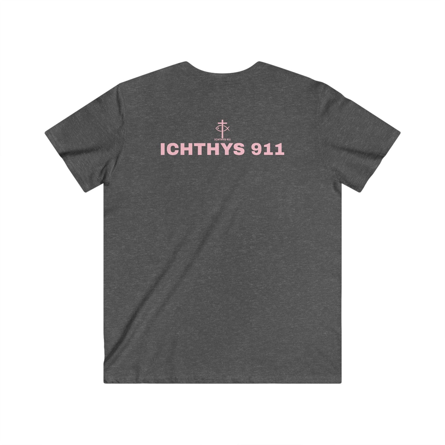 Authentic Collection - Men's Fitted V-Neck Short Sleeve T - Shirt - Faith-Inspired - Christian Faith - Light Pink Font - ICHTHYS 911 -