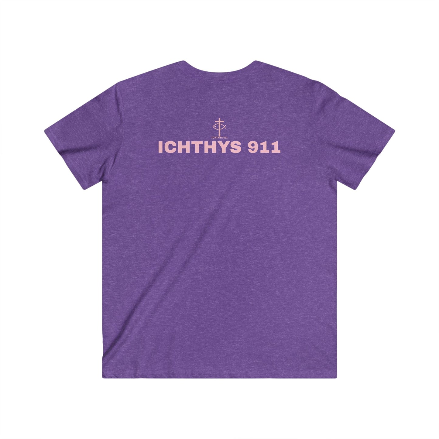 Authentic Collection - Men's Fitted V-Neck Short Sleeve T - Shirt - Faith-Inspired - Christian Faith - Light Pink Font - ICHTHYS 911 -