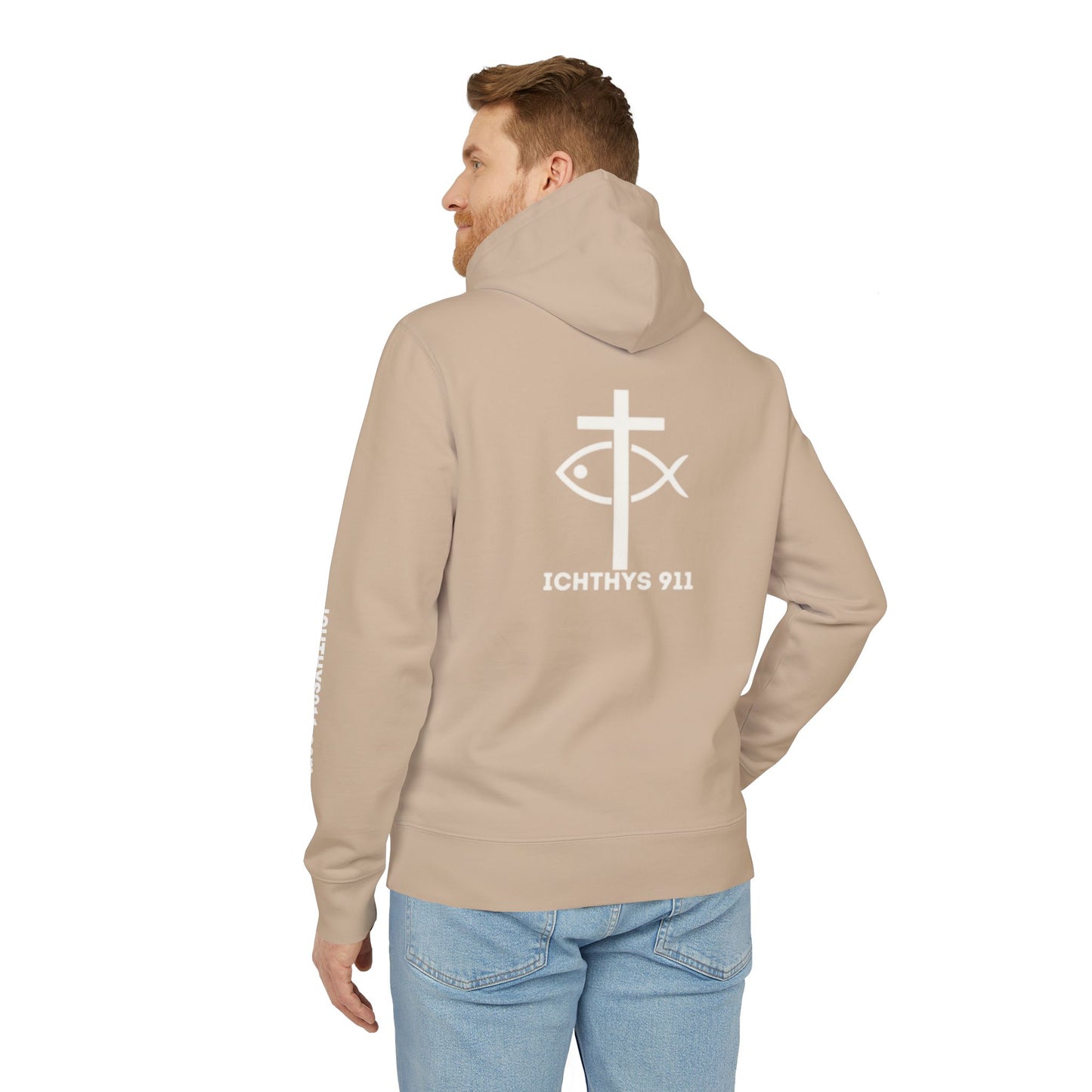 ICHTHYS 911 Hoodie – Unisex Pullover -White Font - Black Font on White - Heavy Fabric - ICHTHYS 911 Logo on Front & Back - 100% Organic