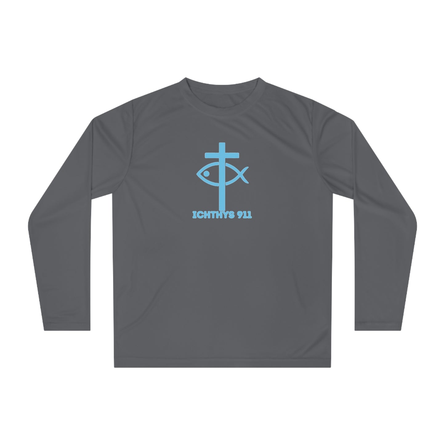 Faith & Strength Reverse Unisex Performance Long Sleeve Shirt - ICHTHYS 911 Christian Activewear Blue Font