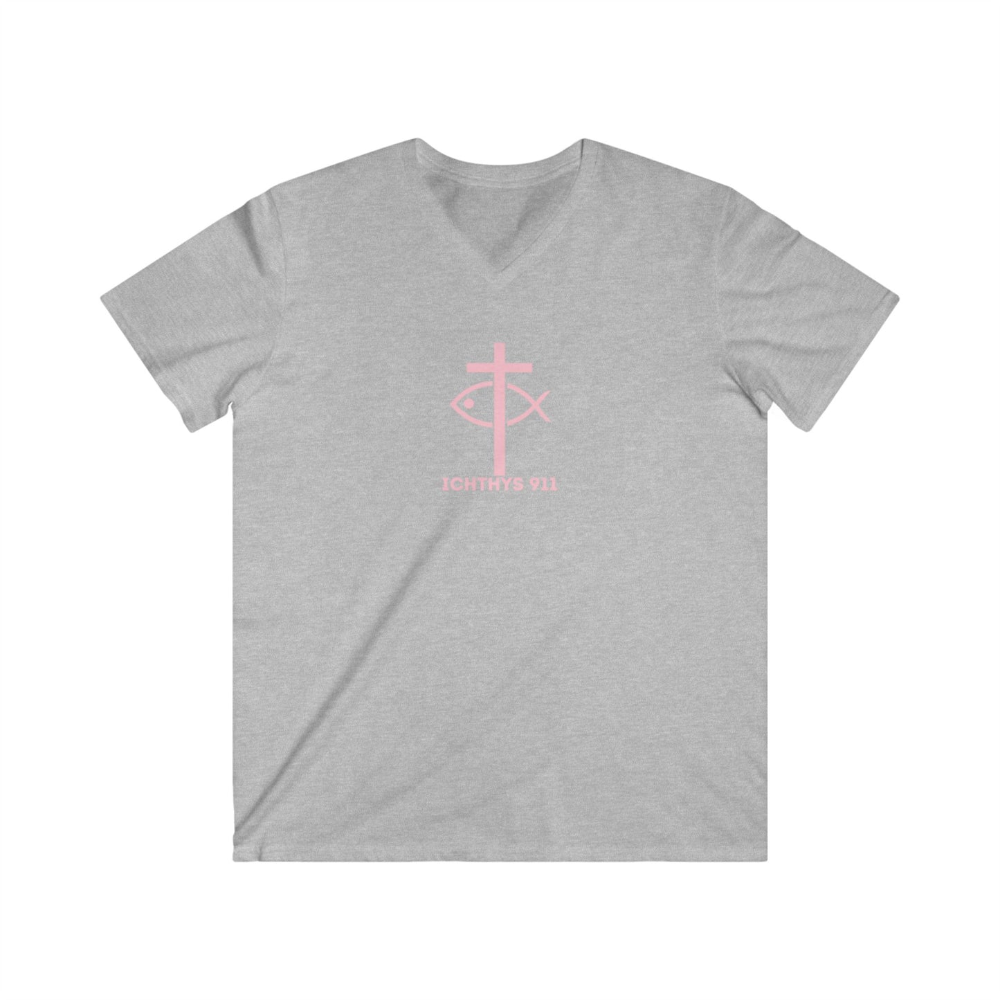 ICHTHYS 911 - "13th Disciple" Collection - Men's Fitted V-Neck Short Sleeve T - Shirt - Faith-Inspired - Christian Faith - Light Pink Font
