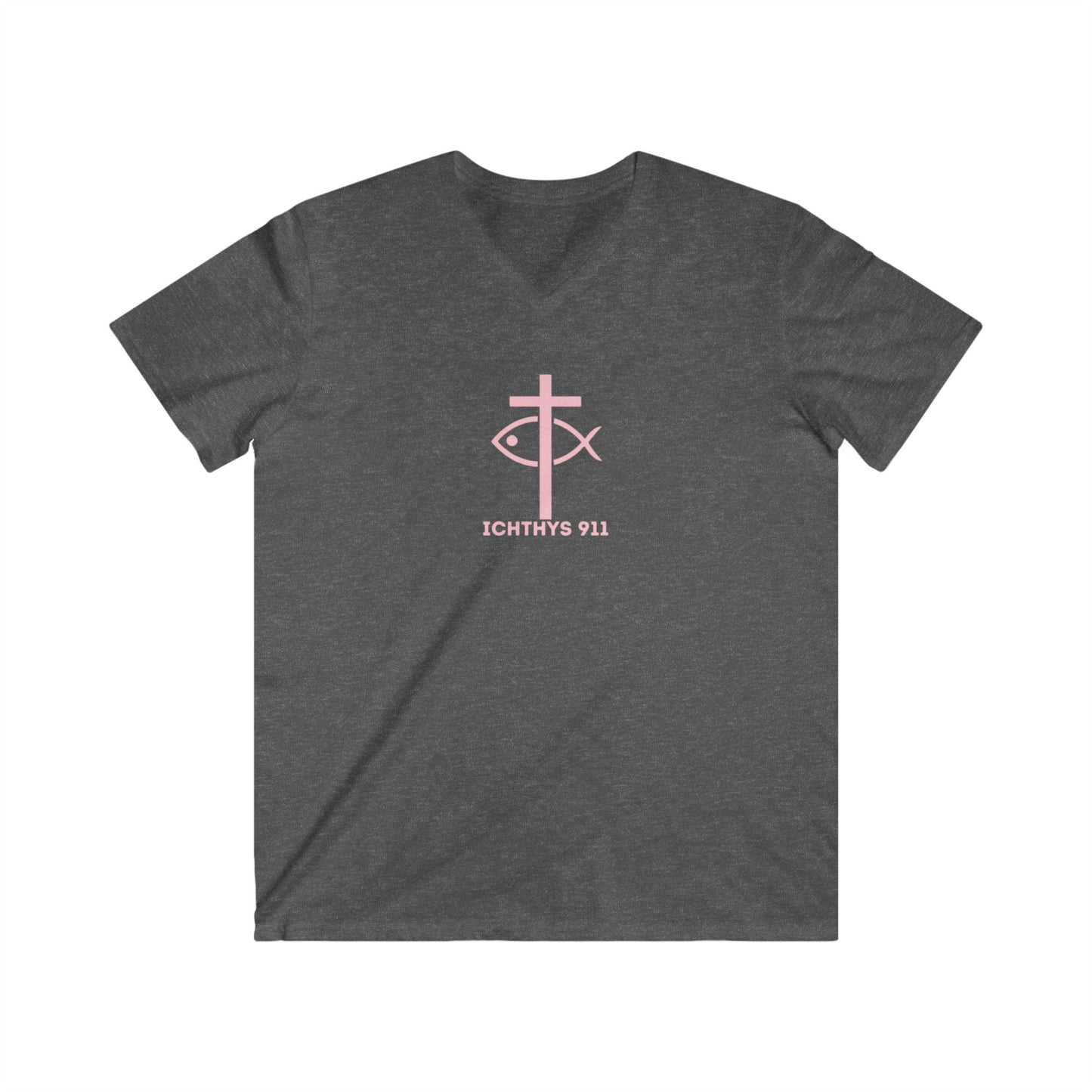 ICHTHYS 911 - "13th Disciple" Collection - Men's Fitted V-Neck Short Sleeve T - Shirt - Faith-Inspired - Christian Faith - Light Pink Font