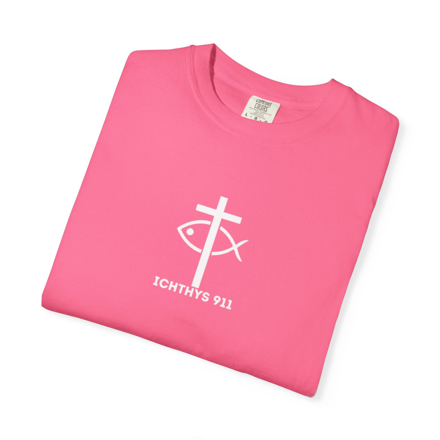 ICHTHYS 911 - White Font "Faith, Hope, & Love" - Garment Dyed - 100% US Cotton - Unisex T-Shirt - Men T-Shirt - Christian Women Tee - Faith-Inspired Shirt - Christian Fashion - Wear Your Faith - Additional Colors