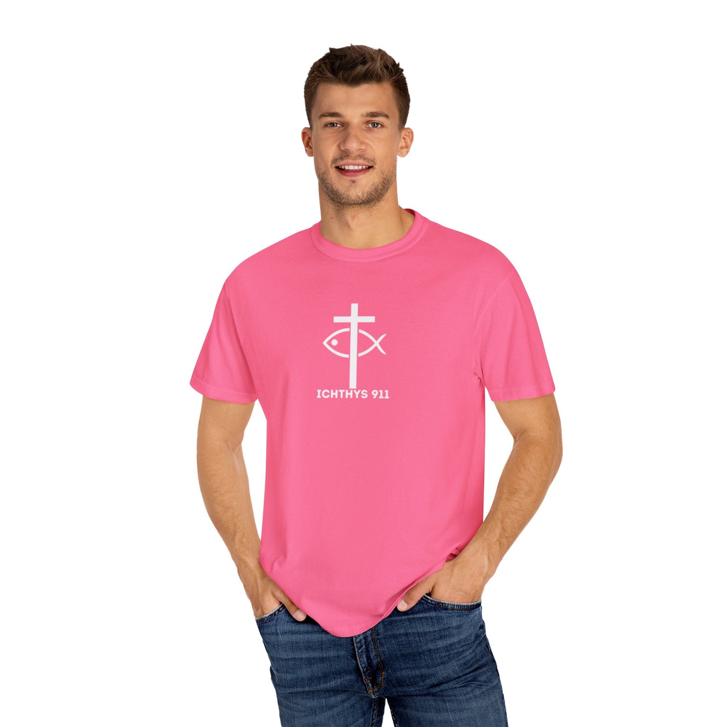 ICHTHYS 911 - White Font "Faith, Hope, & Love" - Garment Dyed - 100% US Cotton - Unisex T-Shirt - Men T-Shirt - Christian Women Tee - Faith-Inspired Shirt - Christian Fashion - Wear Your