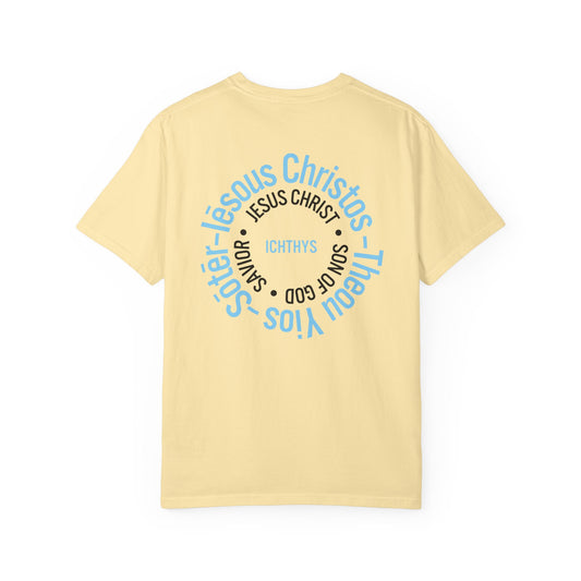Iēsous Christos, Theou Yios, Sōtēr - Blue Font - Garment-Dyed Unisex T-Shirt - Men T-Shirt - Women T-Shirt - Christian Symbol - Greek - Faith Inspired -Christian Streetwear – Jesus Gym & Faith Fashion, Unisex Garment -ICHTHYS 911 - Additional Colors