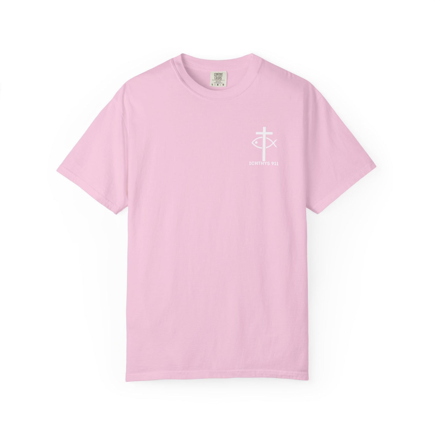 ICHTHYS 911 Pink Font "Badge Collection" - Unisex Garment Dyed T-Shirt 100% US Cotton - Christian Graphic Tee - Gym - T - Christian Faith - Jesus Wear - Women T-Shirt - Men T-Shirt - Garment Dyed