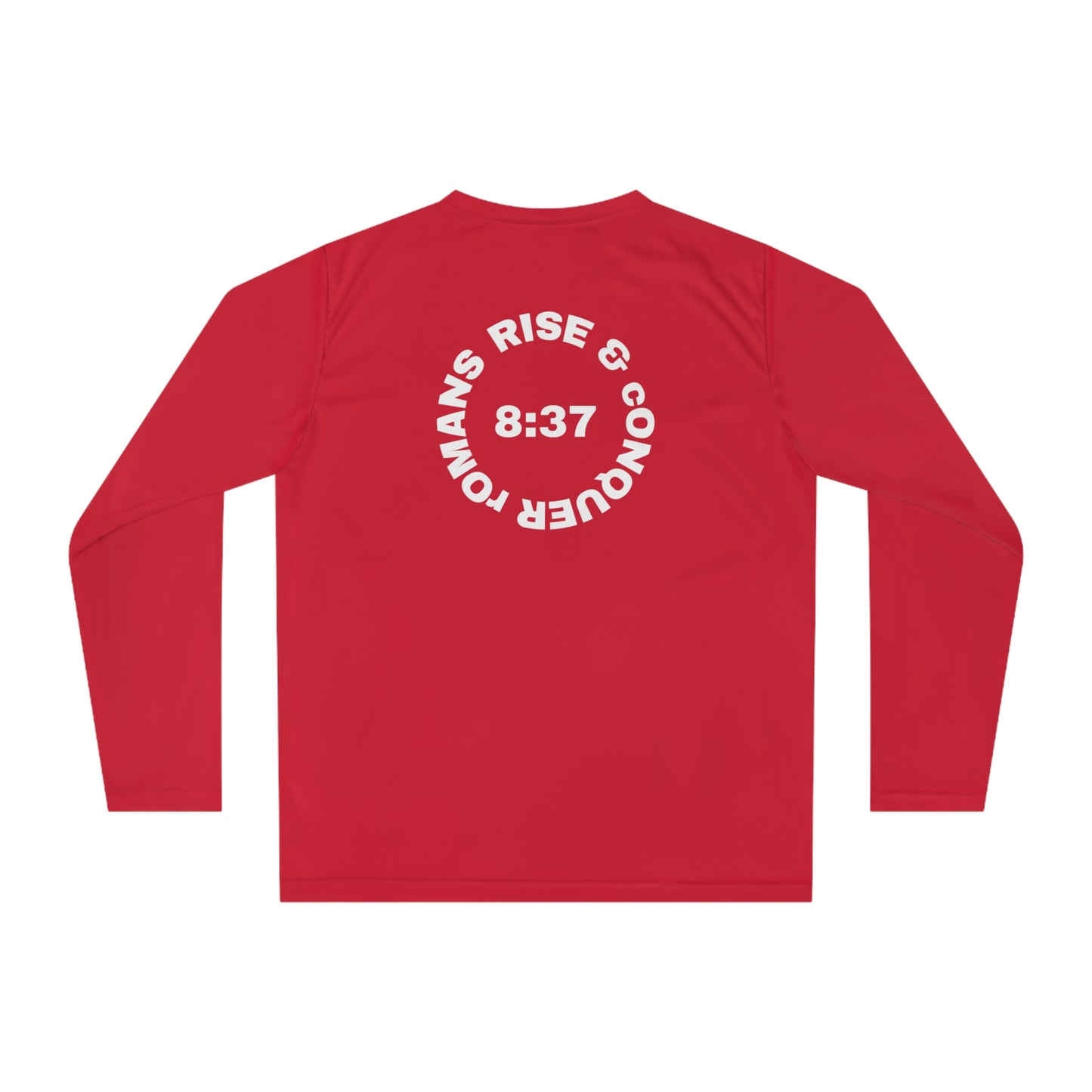 ICHTHYS 911 "Rise & Conquer Romans 8:38"  White Font - Unisex Performance Long Sleeve Shirt - Men - Women - 100% Moisture-Wicking Poly - Christian Activewear