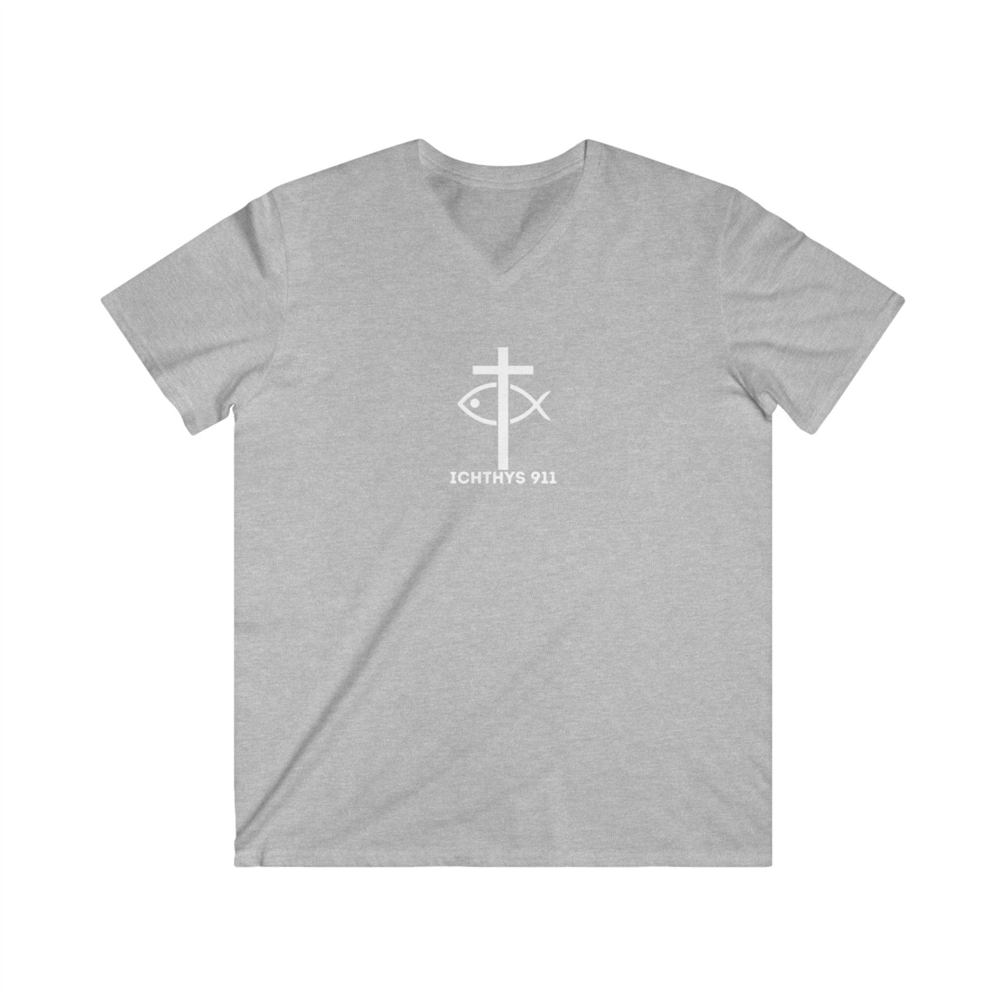 ICHTHYS 911 - White Font - "IC Round" - Men's Fitted V-Neck Tee - Casual Comfort for Everyday Wear - Casual T-Shirt - Soft Shirt - Faith Wear