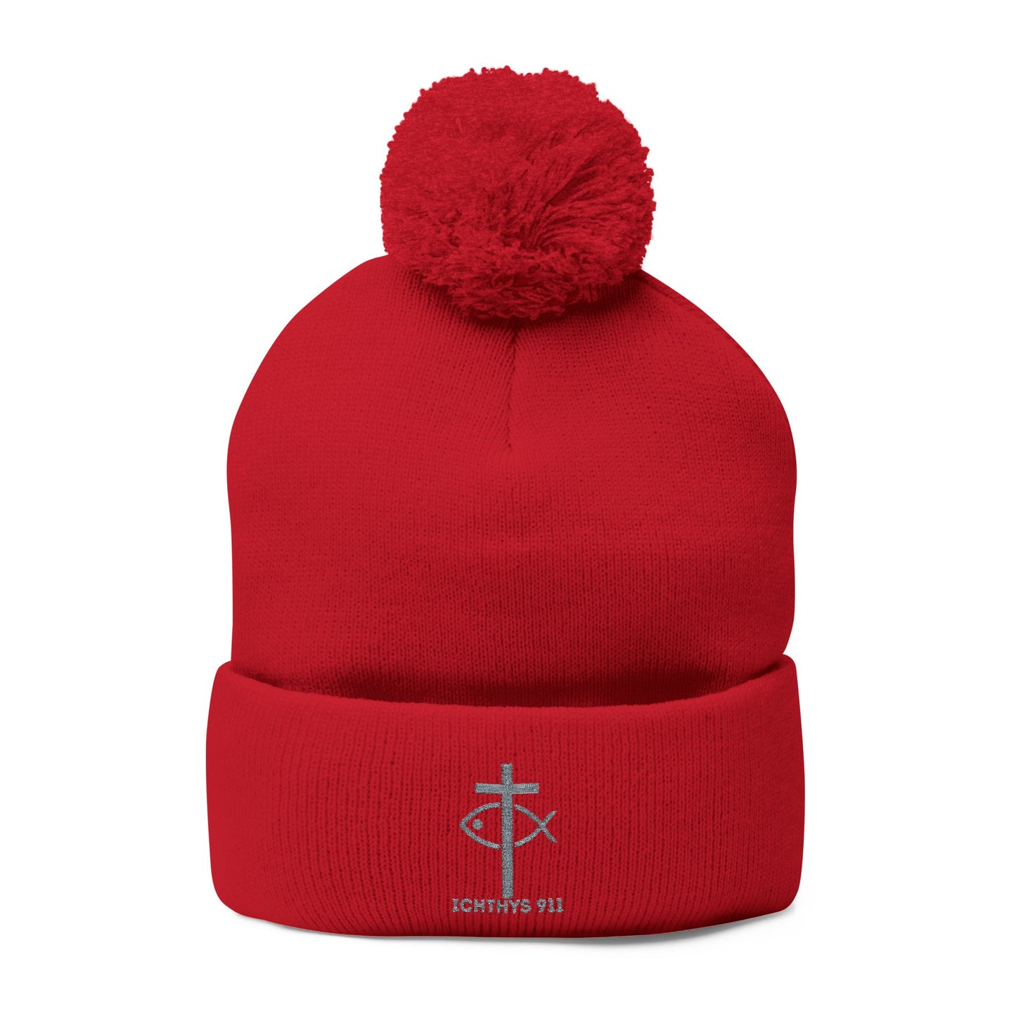 Cozy Pom-Pom Knit Cap | Winter Accessory with Embroidery - Christian Faith Wear - ICHTHYS 911 Design