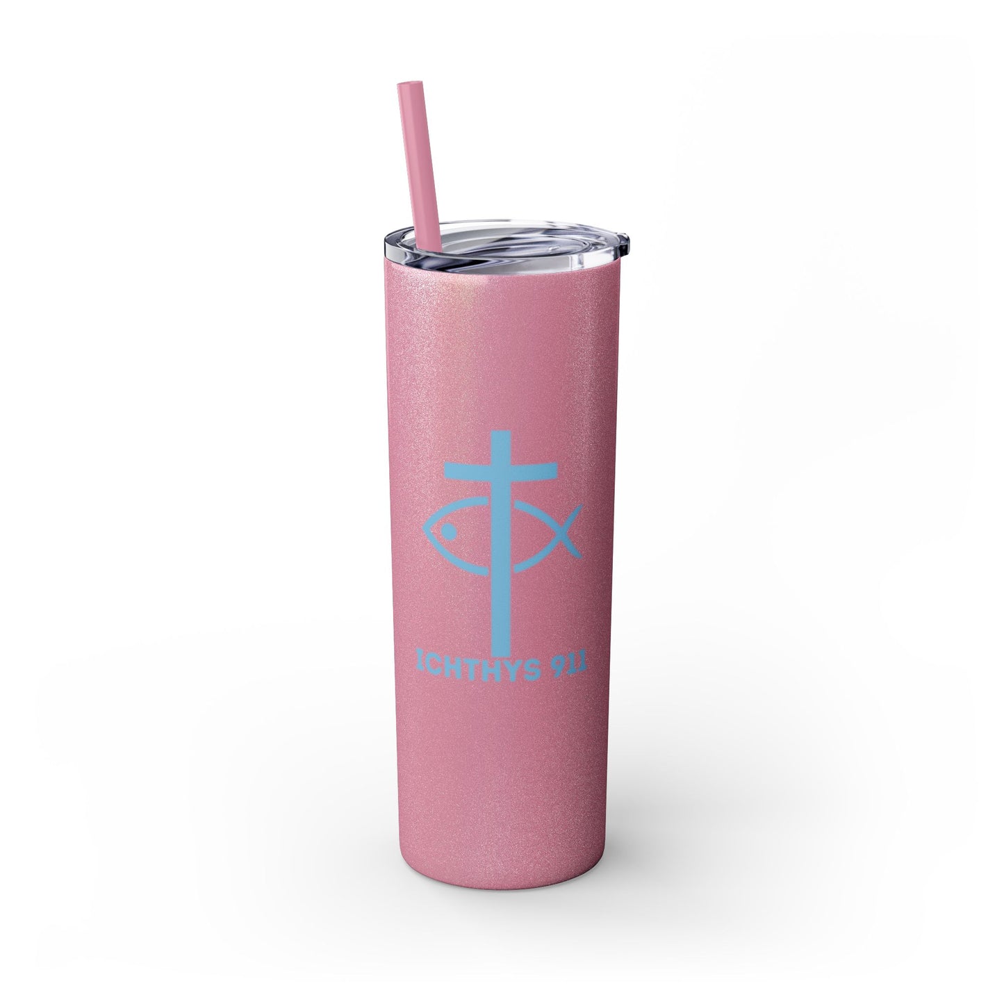 ICHTHYS 911 - Blue Font - Faith-Inspired Skinny Tumbler with Straw - 20oz Baby Shower Drip
