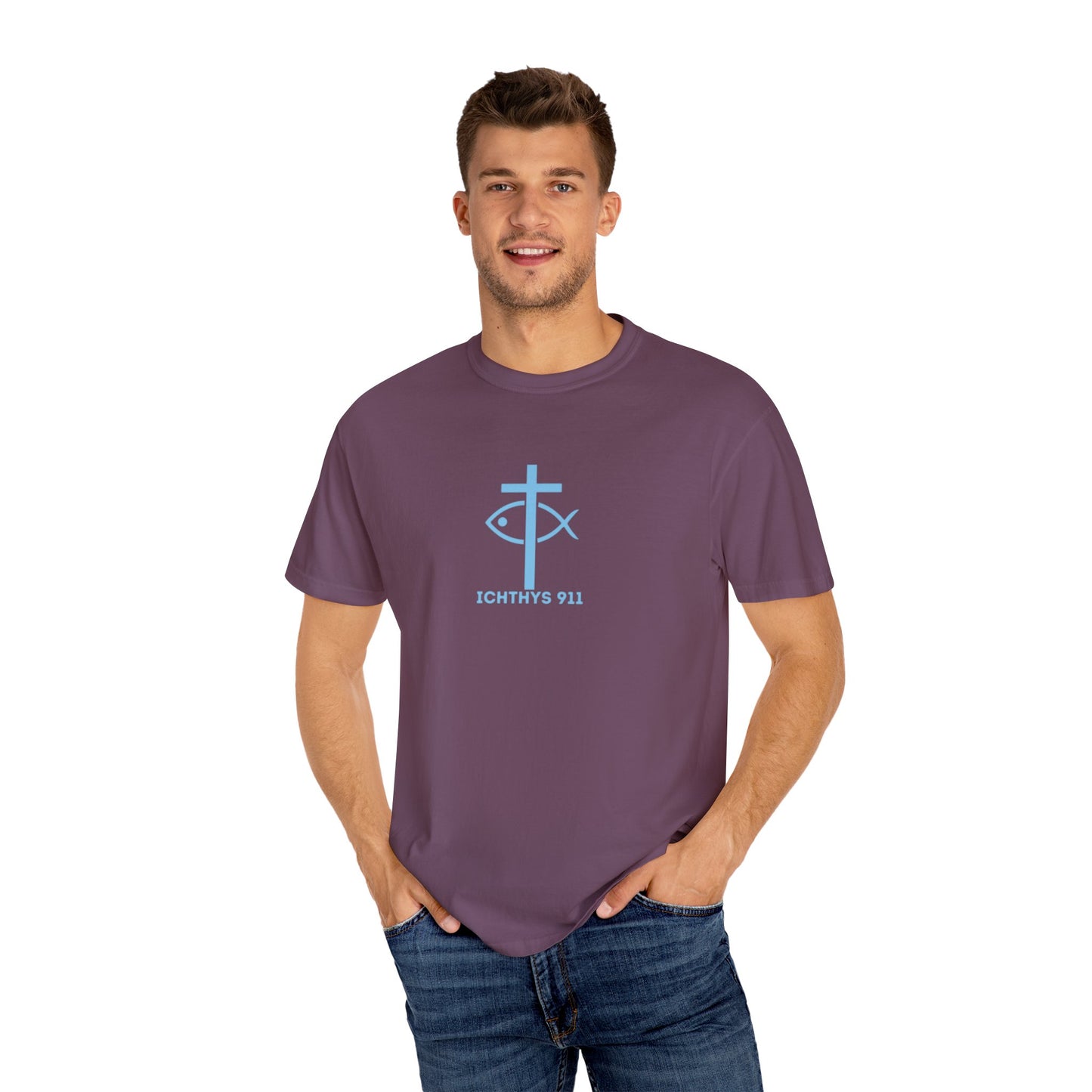 ICHTHYS 911 - Blue Font "Faith, Hope, & Love" - Unisex T-Shirt - Men T-Shirt - Christian Women Tee - Faith-Inspired Shirt - Christian Fashion - Wear Your Faith