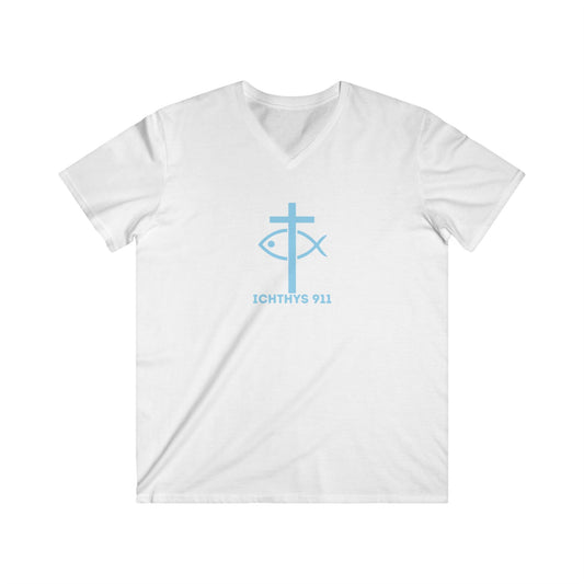 Iēsous Christos, Theou Yios, Sōtēr - Blue Font - Men's Fitted V-Neck Tee with Inspirational Design - Perfect for Faith and Casual Wear,  ICHTHYS 911, Faith T-Shirt