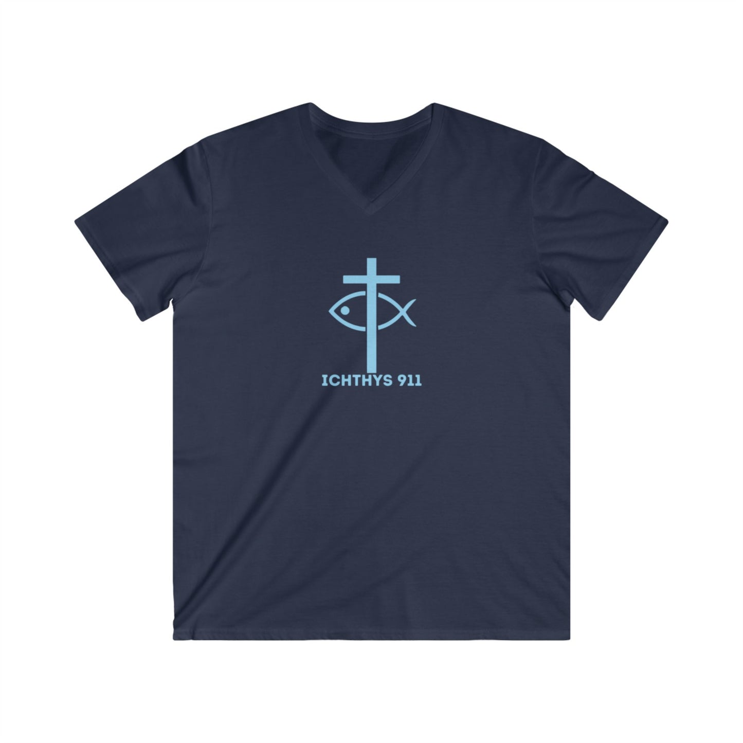 Iēsous Christos, Theou Yios, Sōtēr - Blue Font - Men's Fitted V-Neck Tee with Inspirational Design - Perfect for Faith and Casual Wear,  ICHTHYS 911, Faith T-Shirt