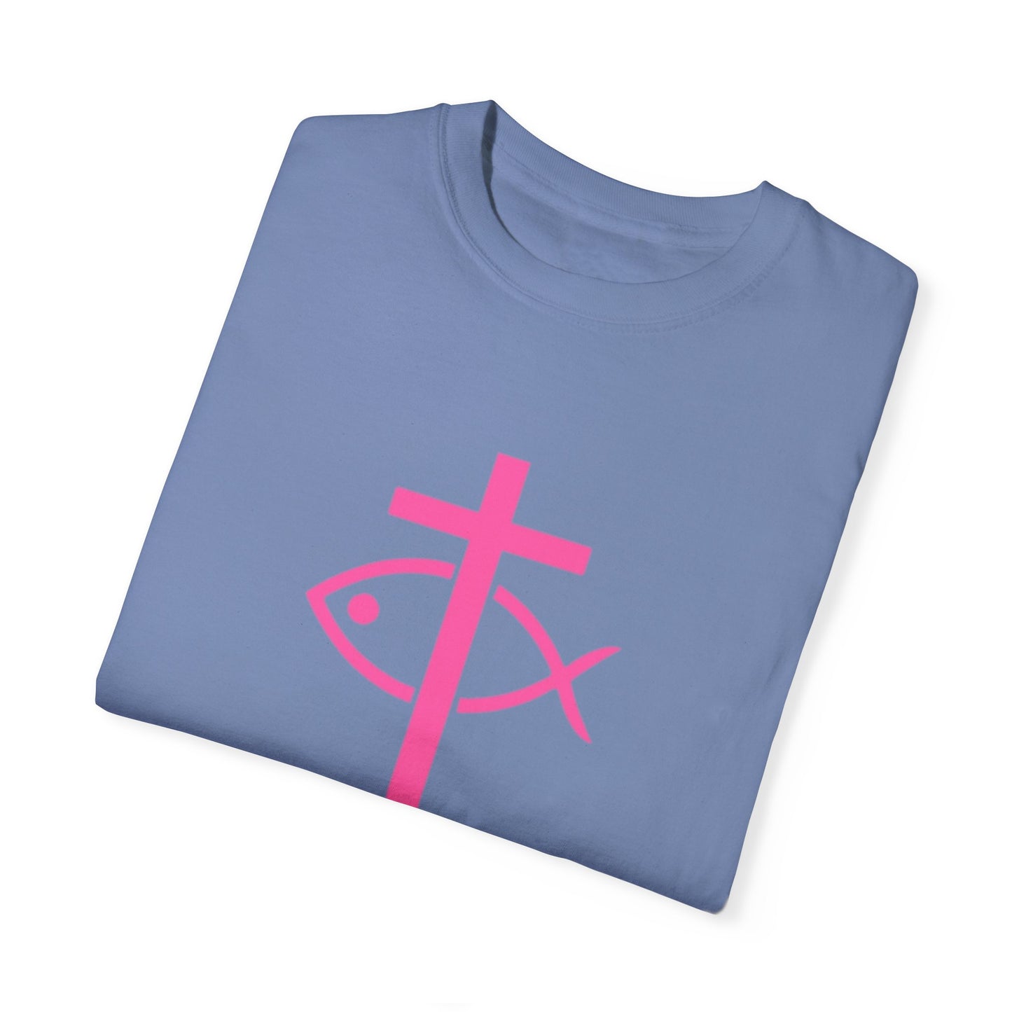 ICHTHYS 911 - Authentic - W/O IC 911 on Back Christian Streetwear T-Shirt – Jesus Gym & Faith Fashion, Unisex Garment-Dyed T-Shirt Hot Pink Font