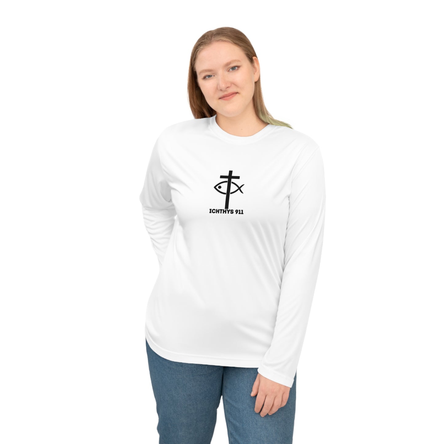 ICHTHYS 911 "Faith & Strength" Black Font - Unisex Performance Long Sleeve Shirt - Christian Activewear - Men - Women -100% Moisture-Wicking Poly
