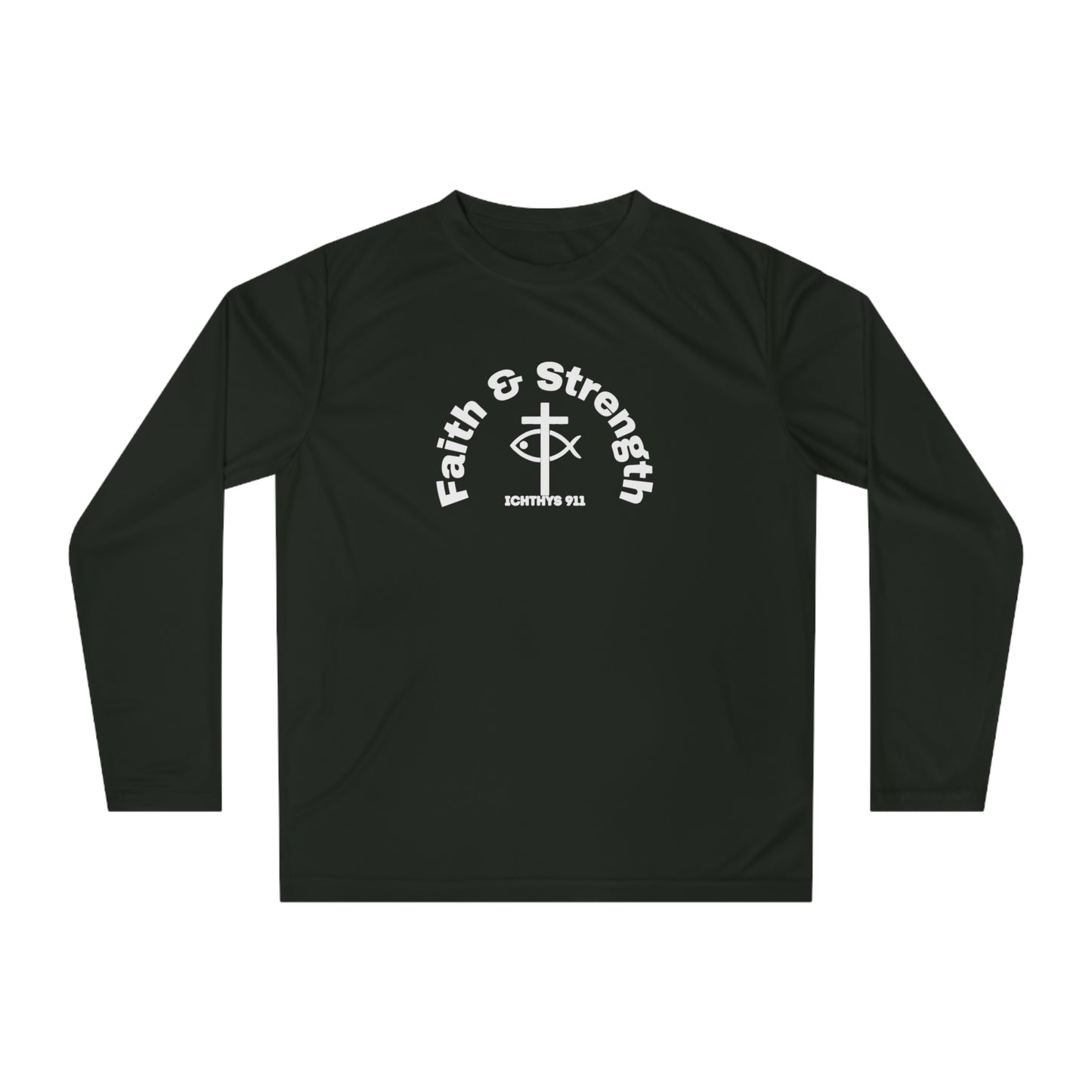 ICHTHYS 911 "Faith & Strength" Black Font Reverse Design - Unisex Performance Long Sleeve Shirt - Christian Activewear - Men - Women -100% Moisture-Wicking Poly