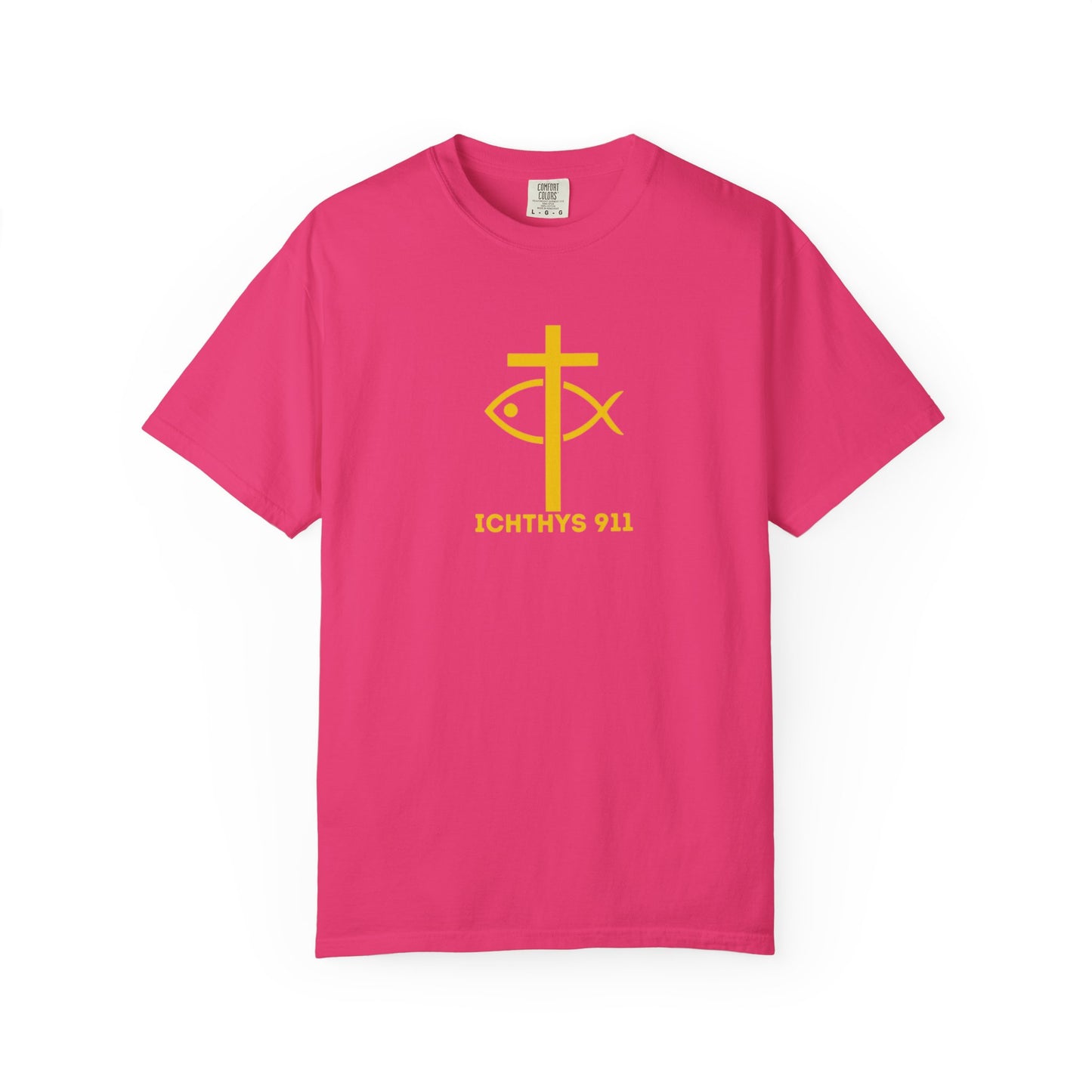 ICHTHYS 911 Gold Font "Faith, Hope, & Love" - Unisex Garment Dyed T-Shirt - 100# US Cotton - Men T-Shirt - Women T-Shirt - Christian T- Shirt -Faith-Inspired Shirt - Christian Fashion - Wear Your Faith