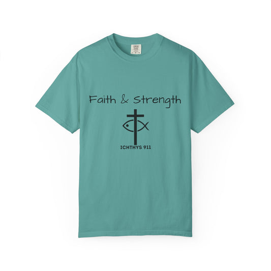 ICHTHYS 911 "Faith & Strength" Reverse - Black Font - Unisex Garment -Dyed Tee - 100% US Cotton - Men T-Shirt - Women T-Shirt - Inspirational Christian Shirt - Very Good Quality and Feel