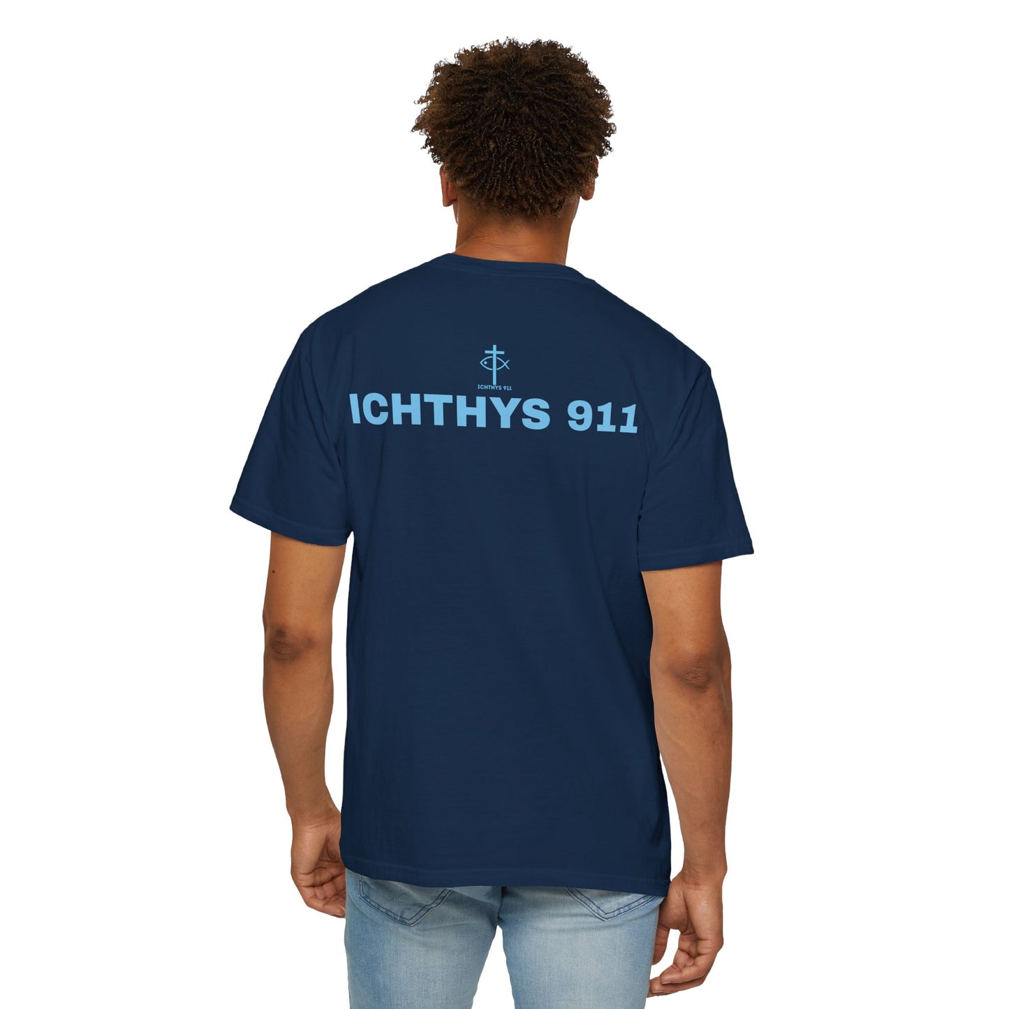 Authentic - Christian Streetwear T-Shirt – Jesus Gym & Faith Fashion, Unisex Garment-Dyed T-Shirt Blue Font - ICHTHYS 911