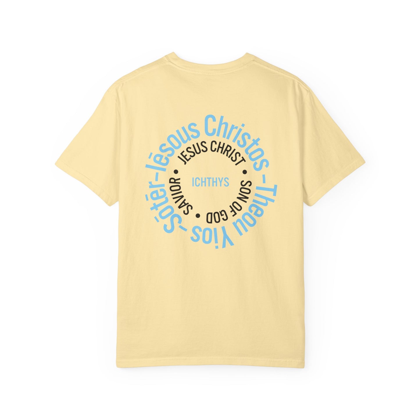 ICHTHYS 911 - Blue Font "Iēsous Christos, Theou Yios, Sōtēr" - Garment-Dyed - 100% US Cotton - Unisex T-Shirt - Men T-Shirt - Women T-Shirt - Christian Symbol - Greek - Faith Inspired -Christian Streetwear – Jesus Gym & Faith Fashion, Unisex Garment