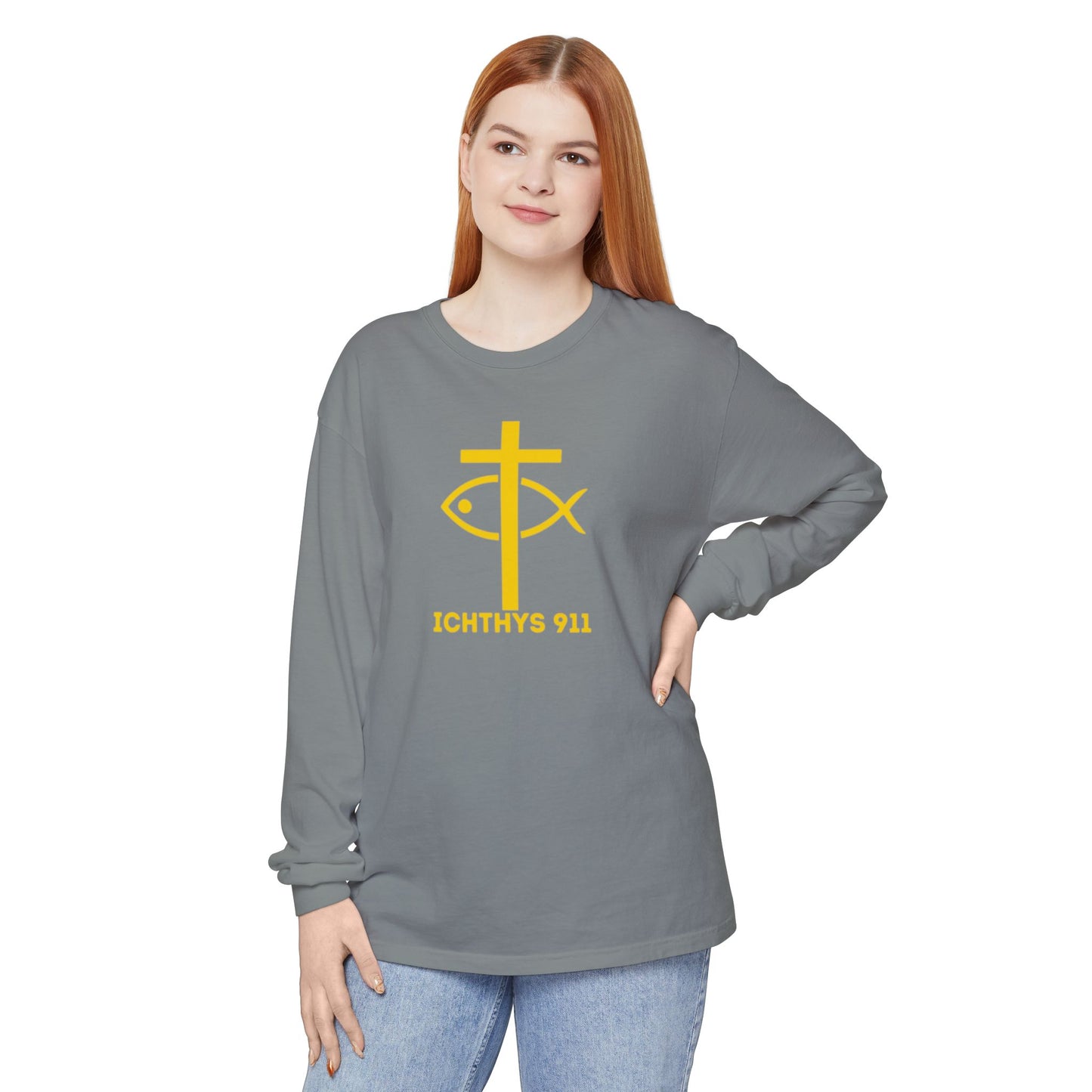 Authentic ICHTHYS 911 Collection -  Gold Font - Unisex Garment Dyed Long Sleeve T-Shirt - Men Long Sleeve - Women Long Sleeve - Christian Faith Symbol Tee - Faith Inspired
