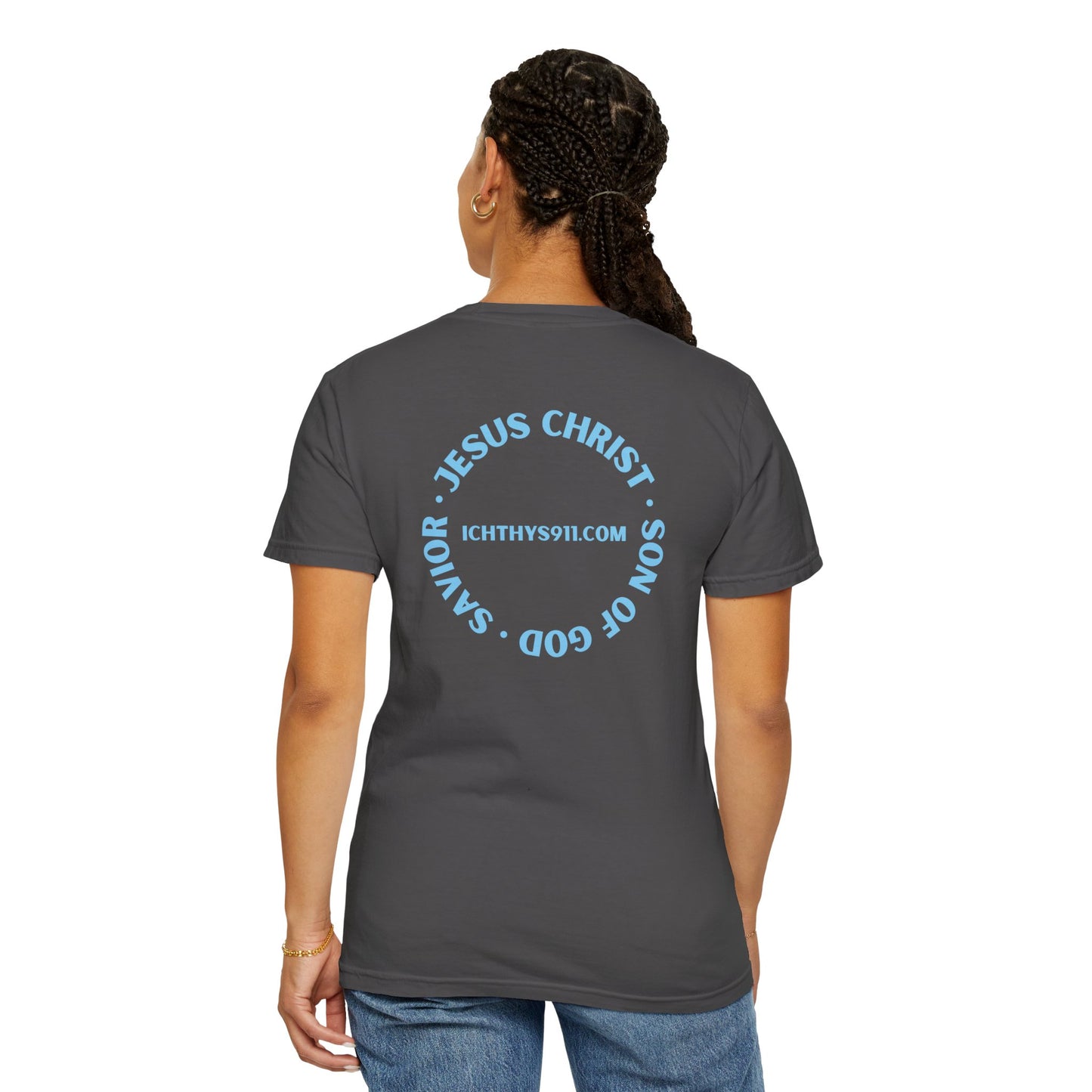 Jesus Christ Son of God Savior - Blue Font - Unisex Garment Dyed T- Shirt - Men T-Shirt - Women T-Shirt - Christian Streetwear T-Shirt – Jesus Gym & Faith Fashion - ICHTHYS 911