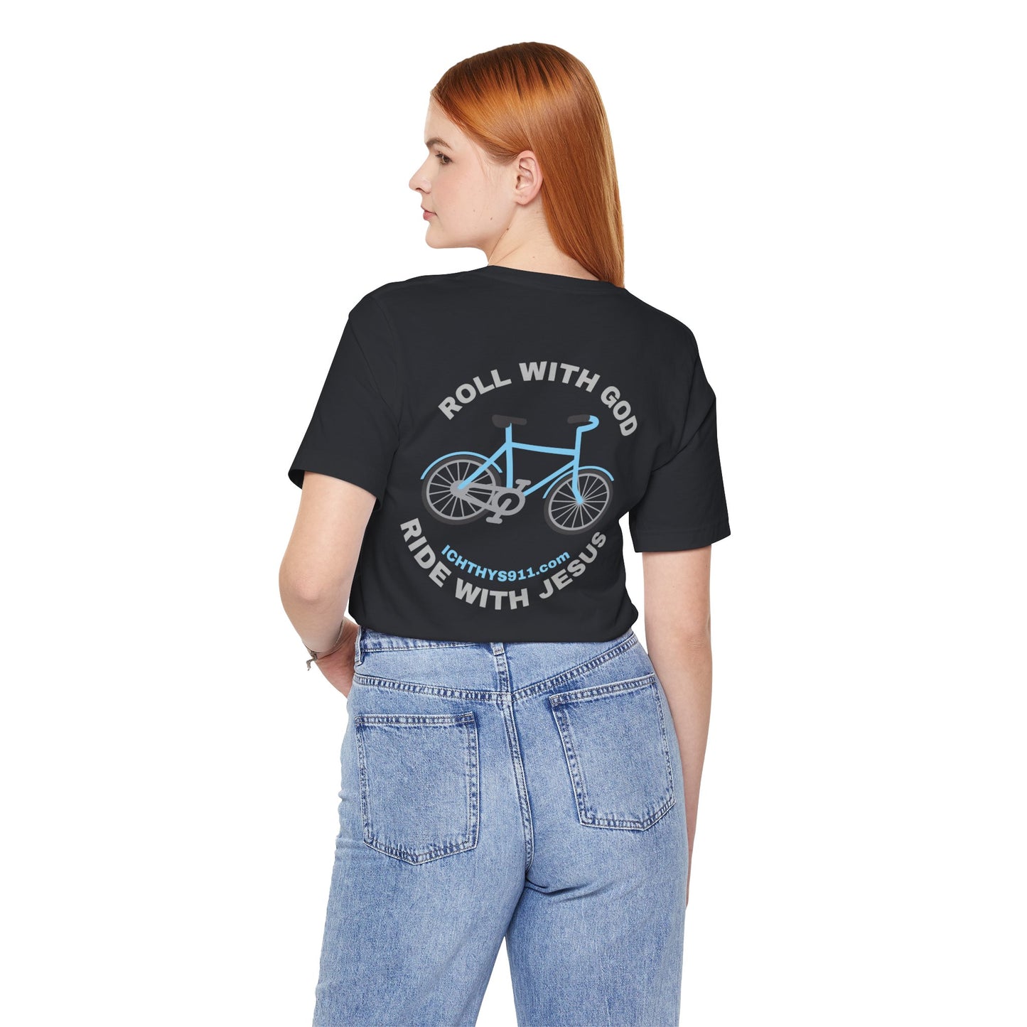 ICHTHYS 911 - "Roll With God Ride With Jesus" - Silver Font - Unisex T- Shirt - Lightweight 100% Cotton - Summer T - Arm Form Fitting - Men T- Shirt - Women T-Shirt - Christian T-Shirt
